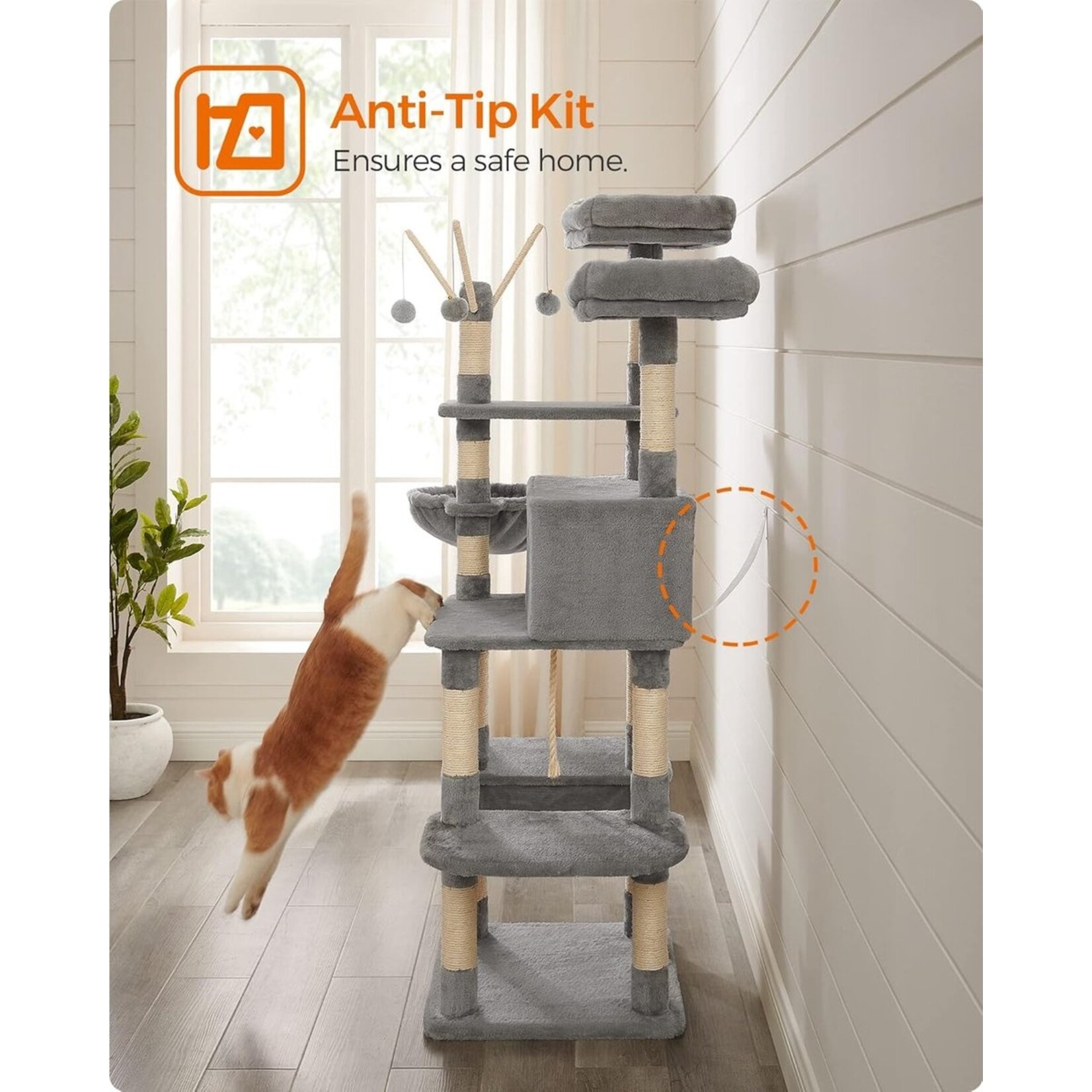 Krabpaal XXL 164 cm – 5 niveaus, 2 platforms, kattenhuis, hangmat, 3 speelspijlen met pluche ballen, wasbaar kussen, kantelbeveiliging, lichtgrijs