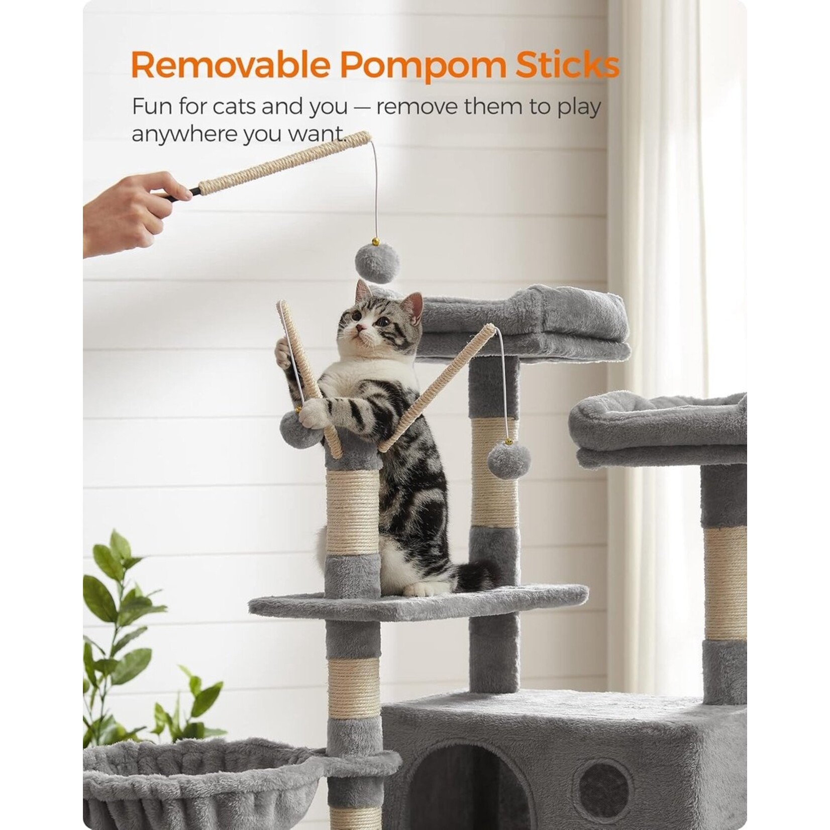 XXL Cat Tree 164 cm – 5 Levels, 2 Platforms, Cat House, Hammock, 3 Play Bars with Plush Balls, Washable Cushion, Anti-Tip Kit, Light Grey