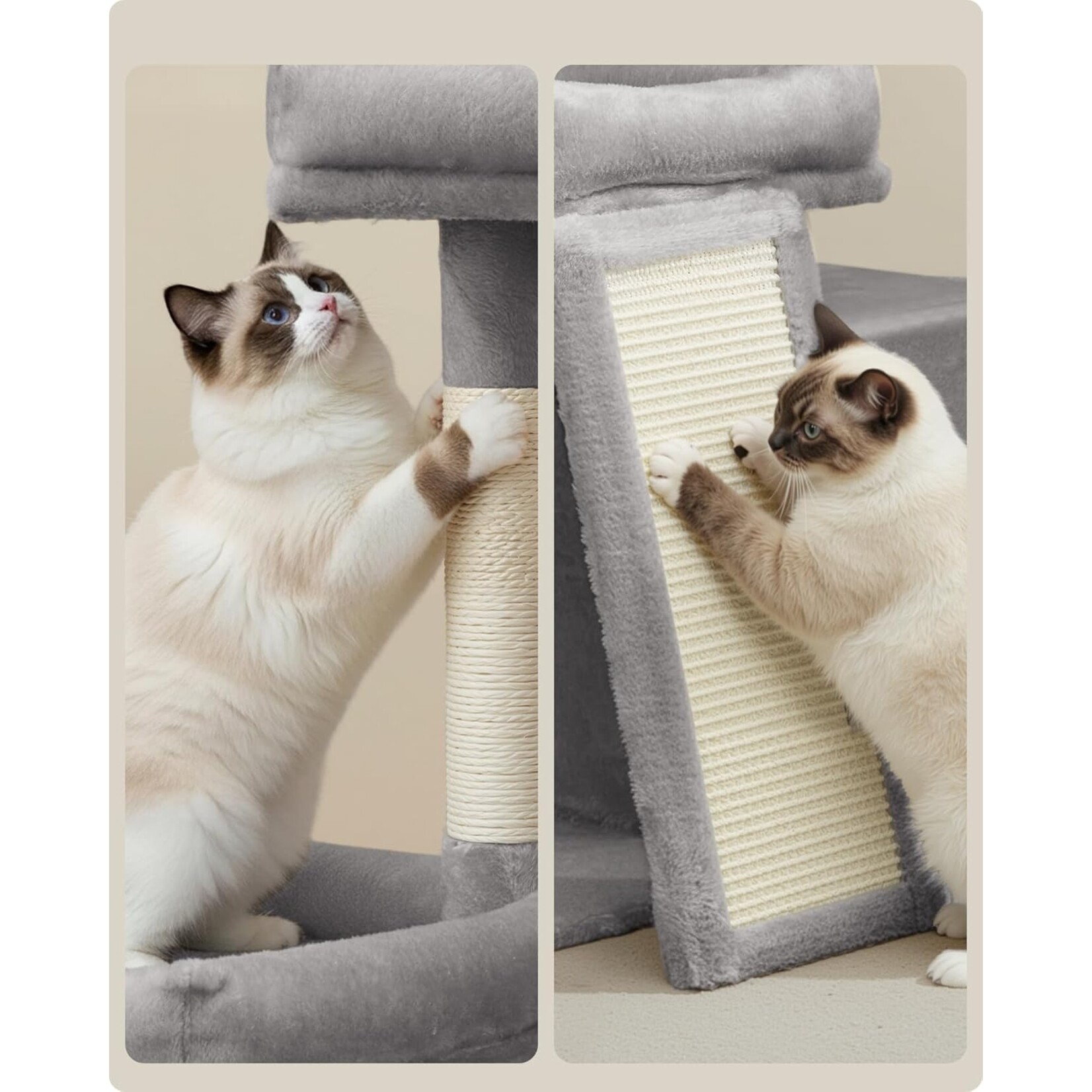Krabpaal voor katten, met krabpalen en leuning, 2 grote platforms, hok, mand, 85,8 cm hoog, duifgrijs