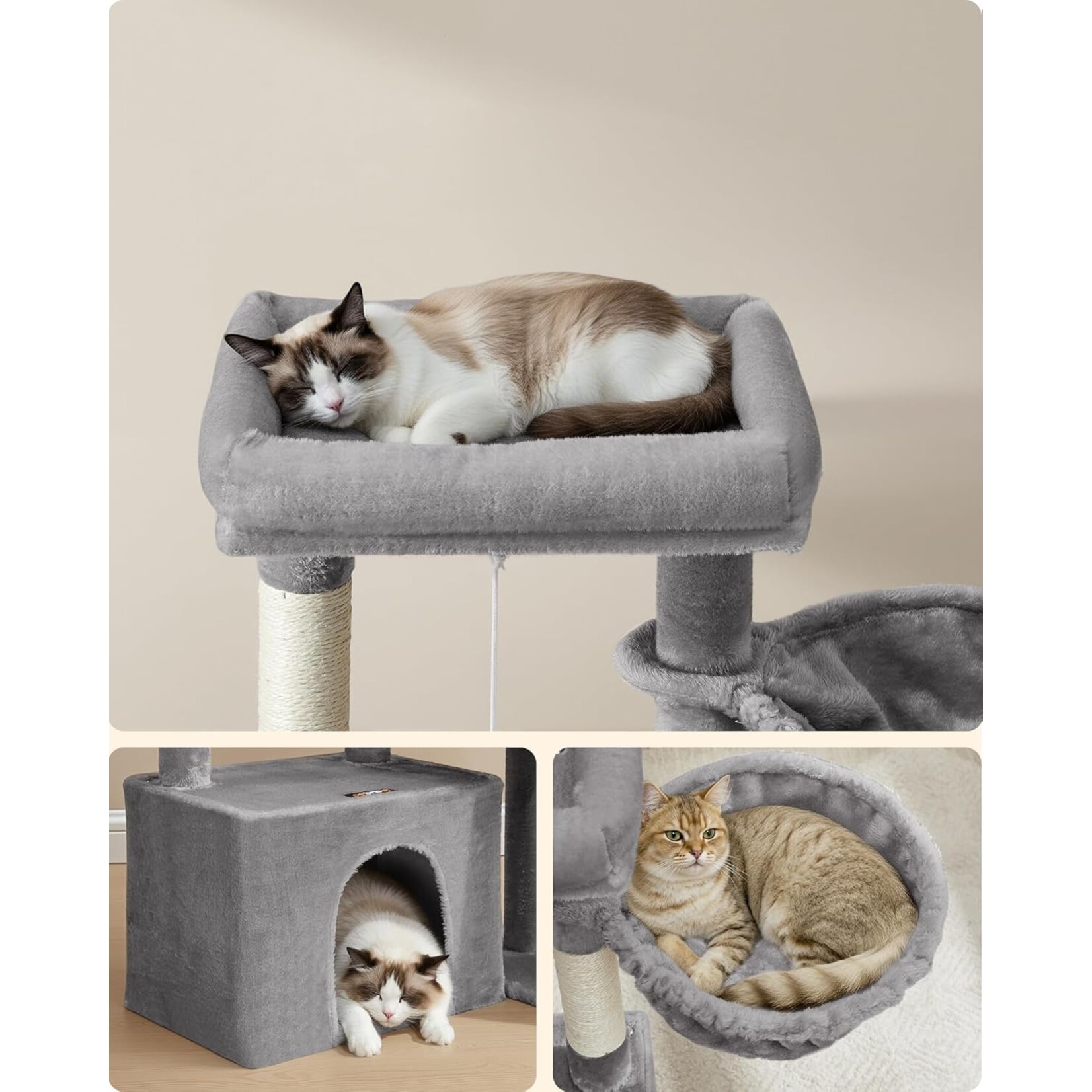 Krabpaal voor katten, met krabpalen en leuning, 2 grote platforms, hok, mand, 85,8 cm hoog, duifgrijs