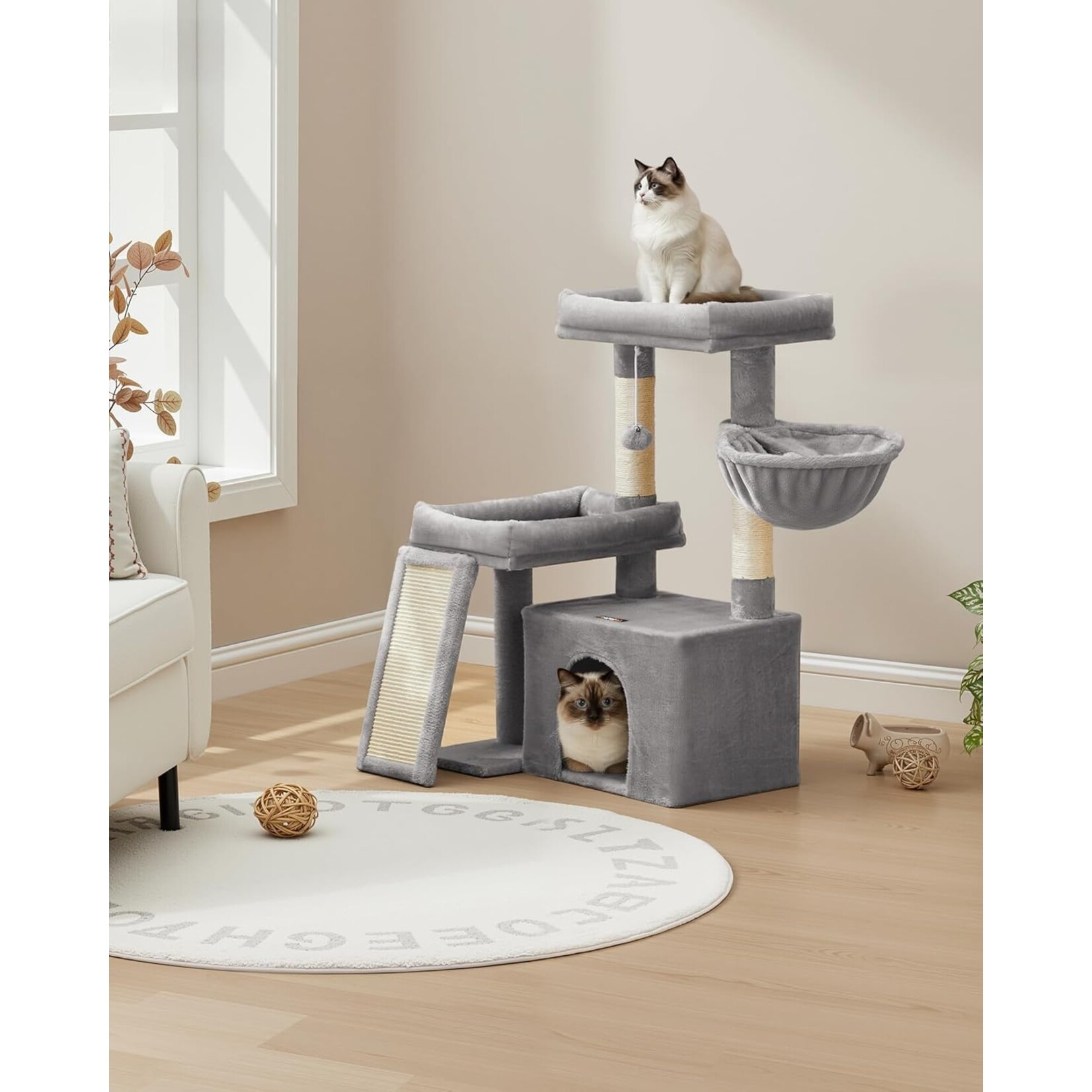 Krabpaal voor katten, met krabpalen en leuning, 2 grote platforms, hok, mand, 85,8 cm hoog, duifgrijs