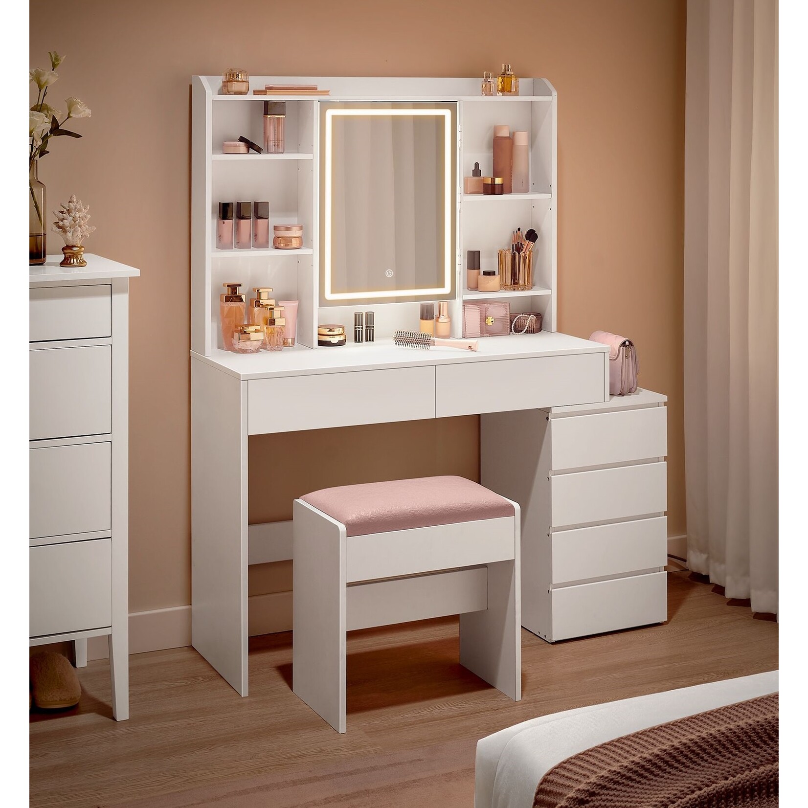 Bobbel Home Bobbel Home - Kaptafel met Spiegel en LED Verlichting - Luxe Make Up Tafel met Opbergruimte - Wit