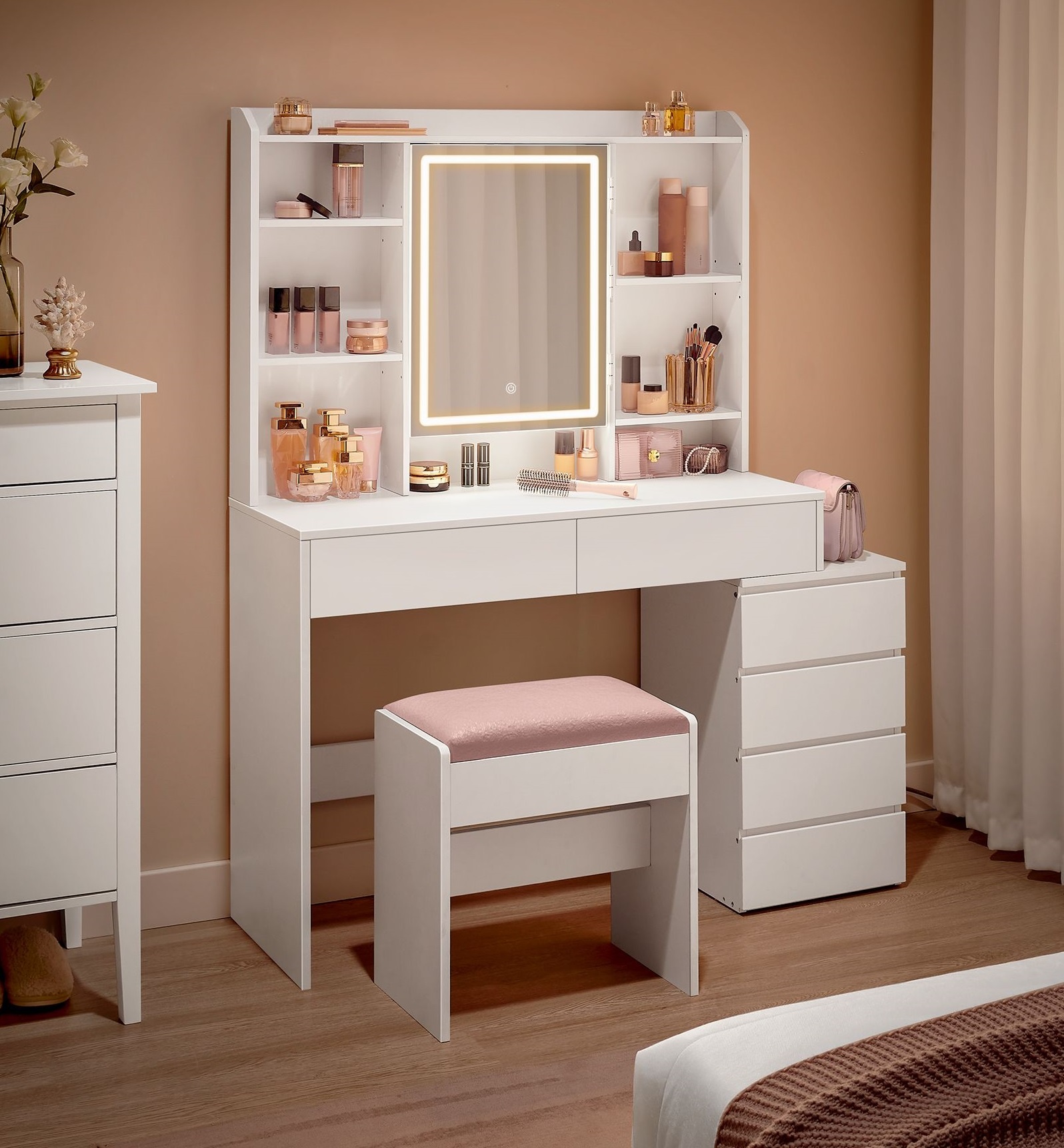 Bobbel Home - Kaptafel met Spiegel en LED Verlichting - Luxe Make Up Tafel met Opbergruimte - Wit