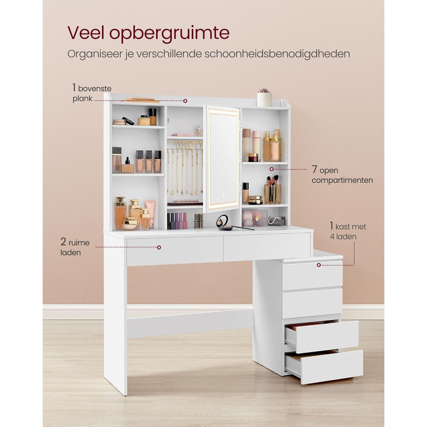 Bobbel Home Bobbel Home - Kaptafel met Spiegel en LED Verlichting - Luxe Make Up Tafel met Opbergruimte - Wit