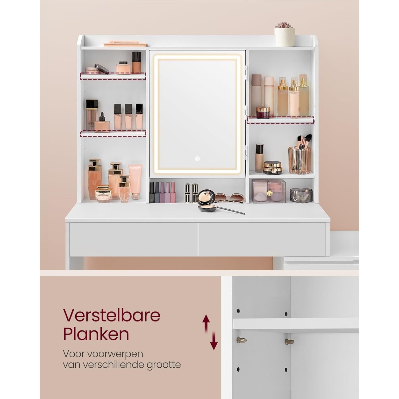 Bobbel Home Bobbel Home - Kaptafel met Spiegel en LED Verlichting - Luxe Make Up Tafel met Opbergruimte - Wit