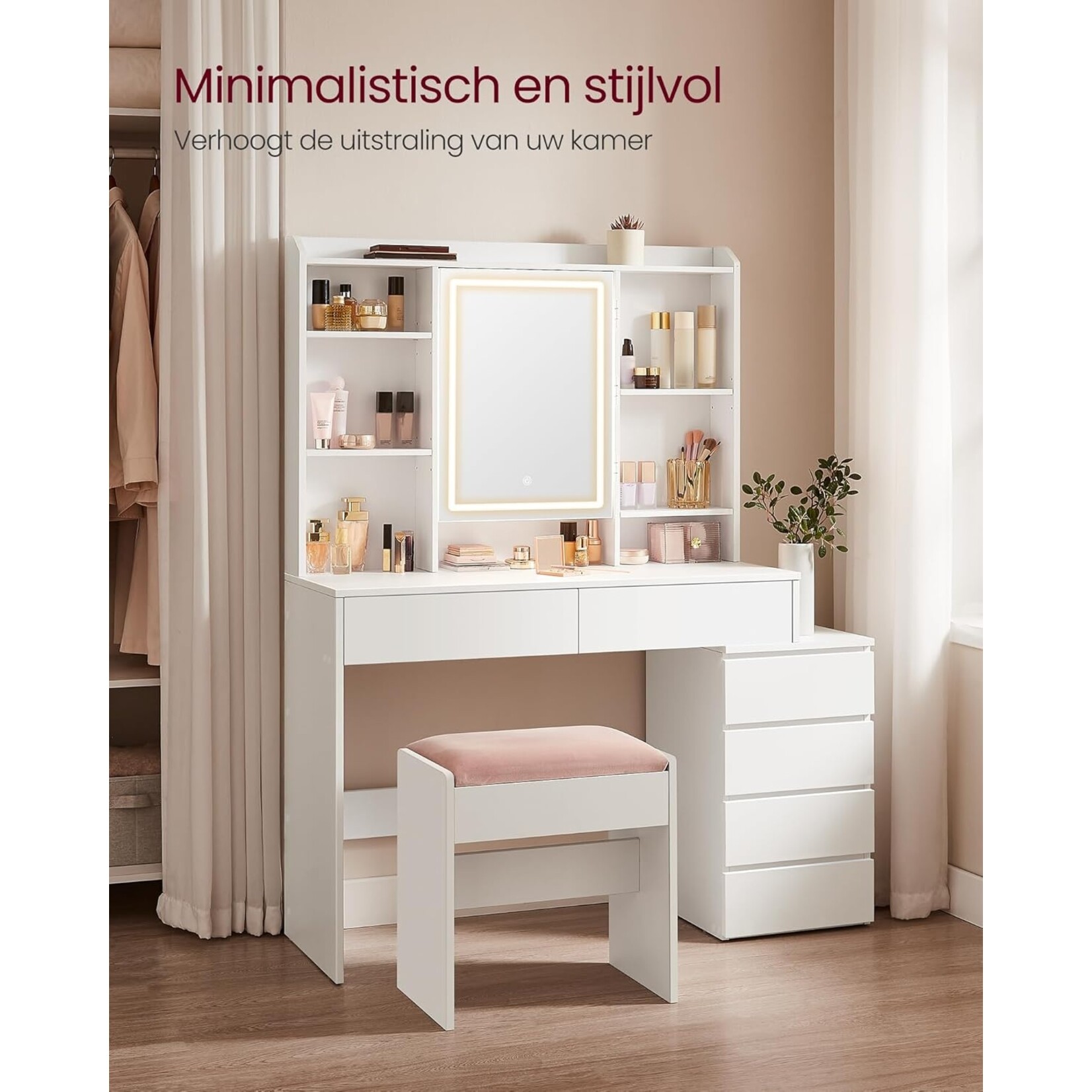 Bobbel Home Bobbel Home - Kaptafel met Spiegel en LED Verlichting - Luxe Make Up Tafel met Opbergruimte - Wit
