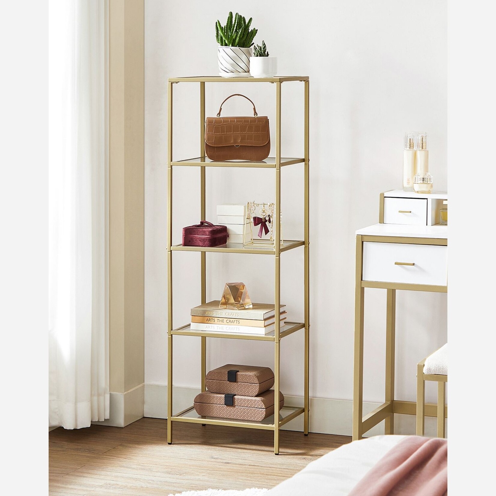 Bobbel Home Bobbel Home - Opbergrek met Glazen Planken - Goud Metalen Rek met Gehard Glas - Luxe Vrijstaande Kast
