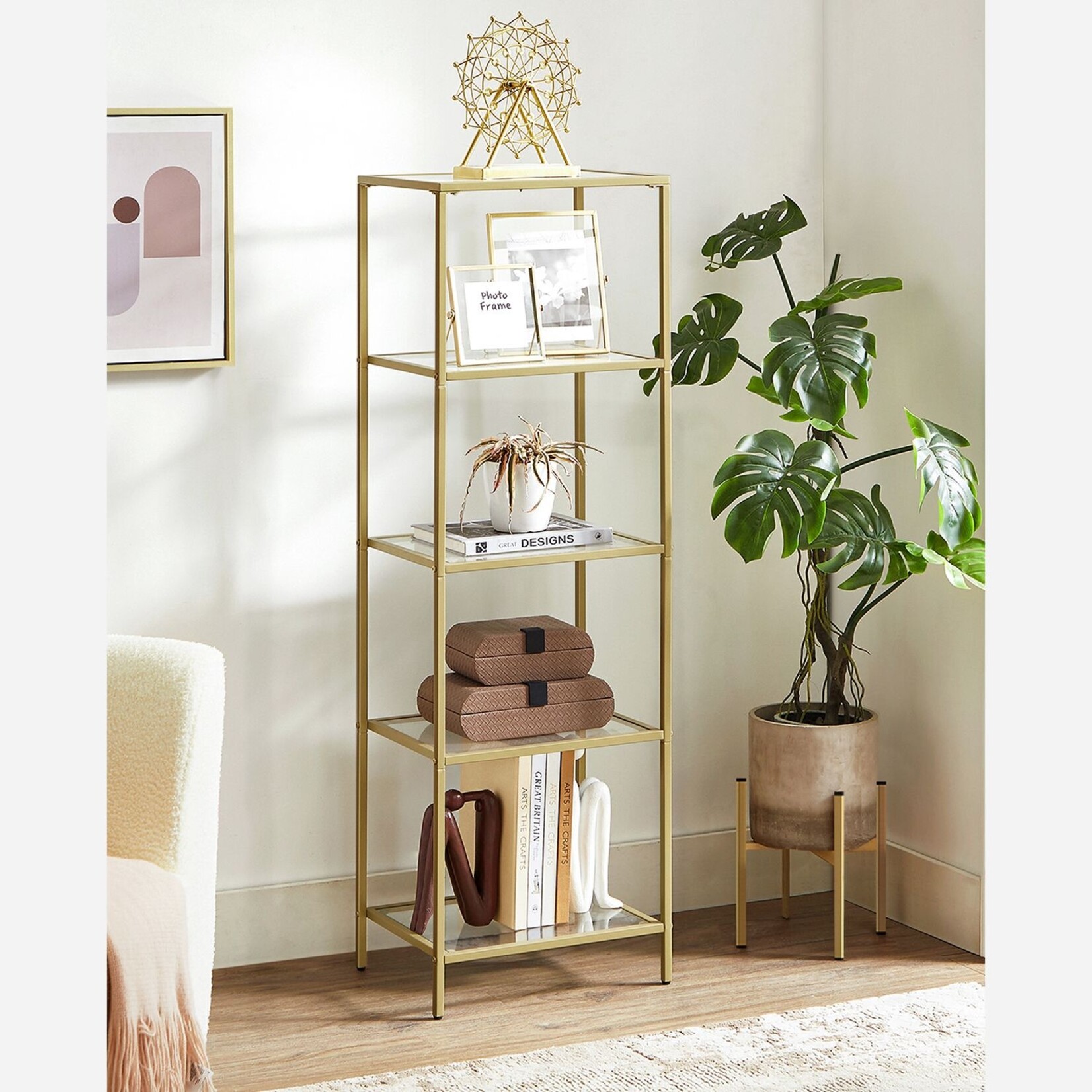 Bobbel Home Bobbel Home - Storage Rack with Glass Shelves - Gold Metal Shelf Unit with Tempered Glass - Modern Freestanding Shelf