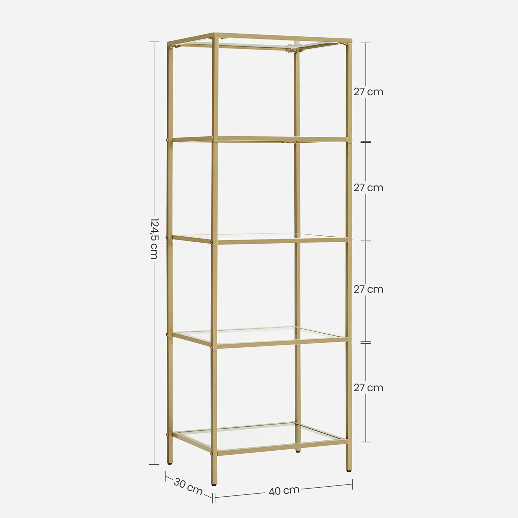 Bobbel Home Bobbel Home - Opbergrek met Glazen Planken - Goud Metalen Rek met Gehard Glas - Luxe Vrijstaande Kast