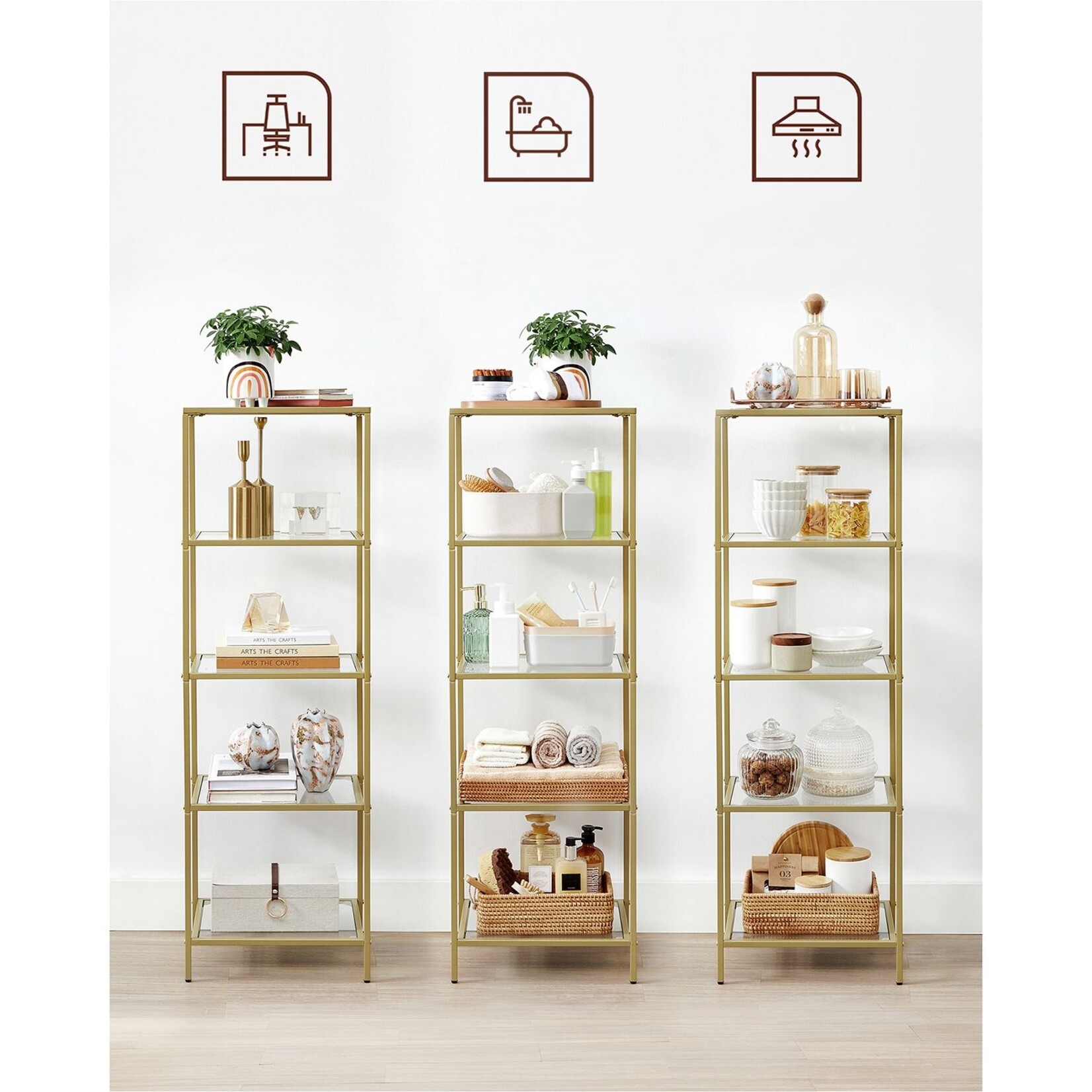 Bobbel Home Bobbel Home - Opbergrek met Glazen Planken - Goud Metalen Rek met Gehard Glas - Luxe Vrijstaande Kast