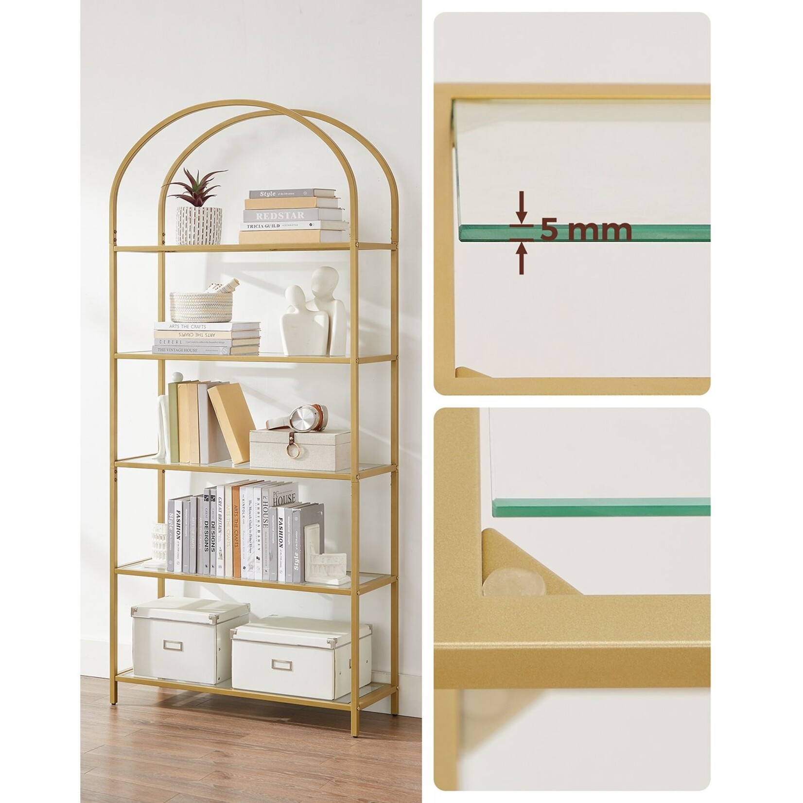 Bobbel Home Bobbel Home - Storage Rack with Glass Shelves - Gold 5 Tier Shelf Unit - Modern Bookcase