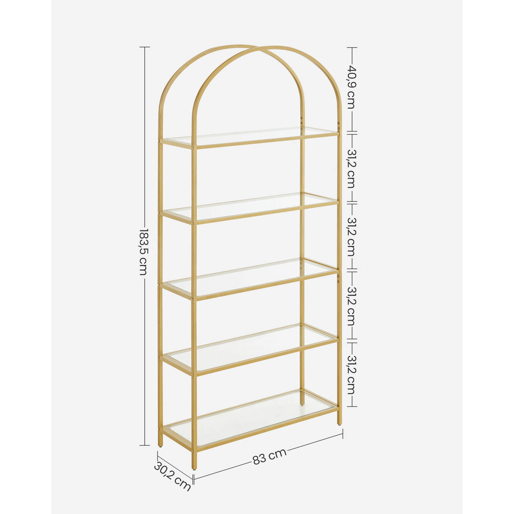 Bobbel Home Bobbel Home - Opbergrek met Glazen Planken - Goud 5 Laags Rek - Luxe Vrijstaande Kast
