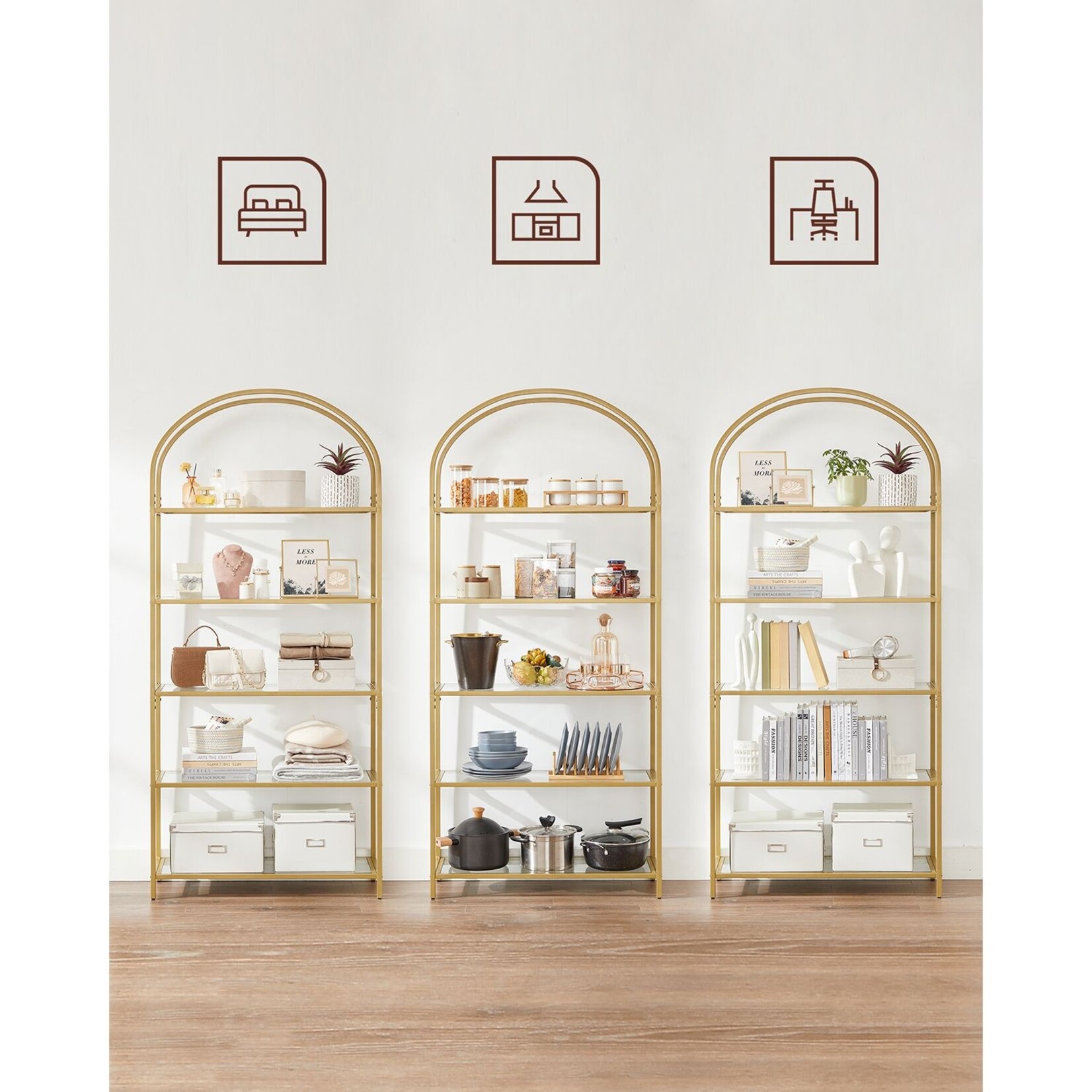 Bobbel Home Bobbel Home - Storage Rack with Glass Shelves - Gold 5 Tier Shelf Unit - Modern Bookcase