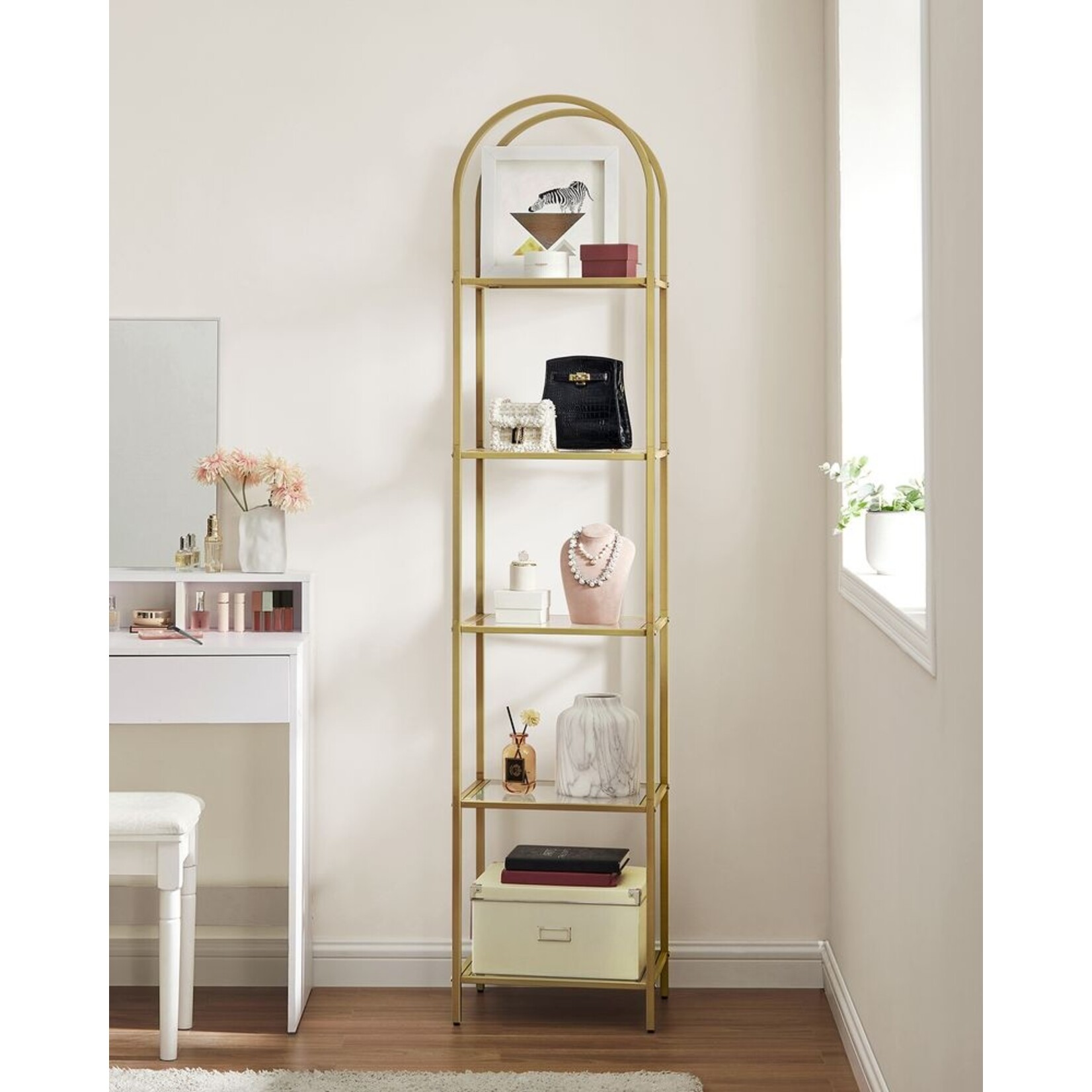 Bobbel Home Bobbel Home - Luxury Gold Storage Rack with Glass Shelves - 5 Tier Designer Shelf - Modern Interior