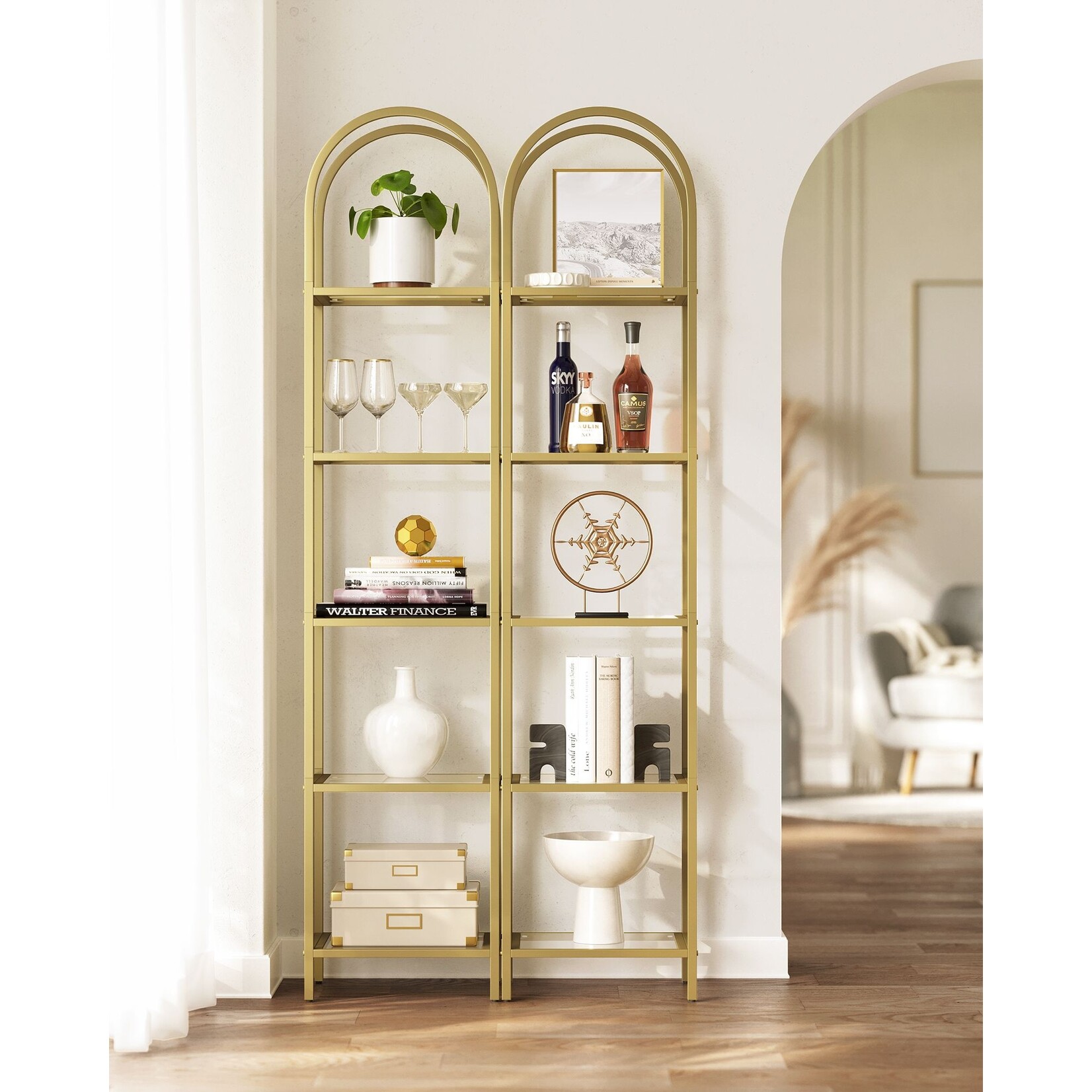 Bobbel Home Bobbel Home - Luxury Gold Storage Rack with Glass Shelves - 5 Tier Designer Shelf - Modern Interior