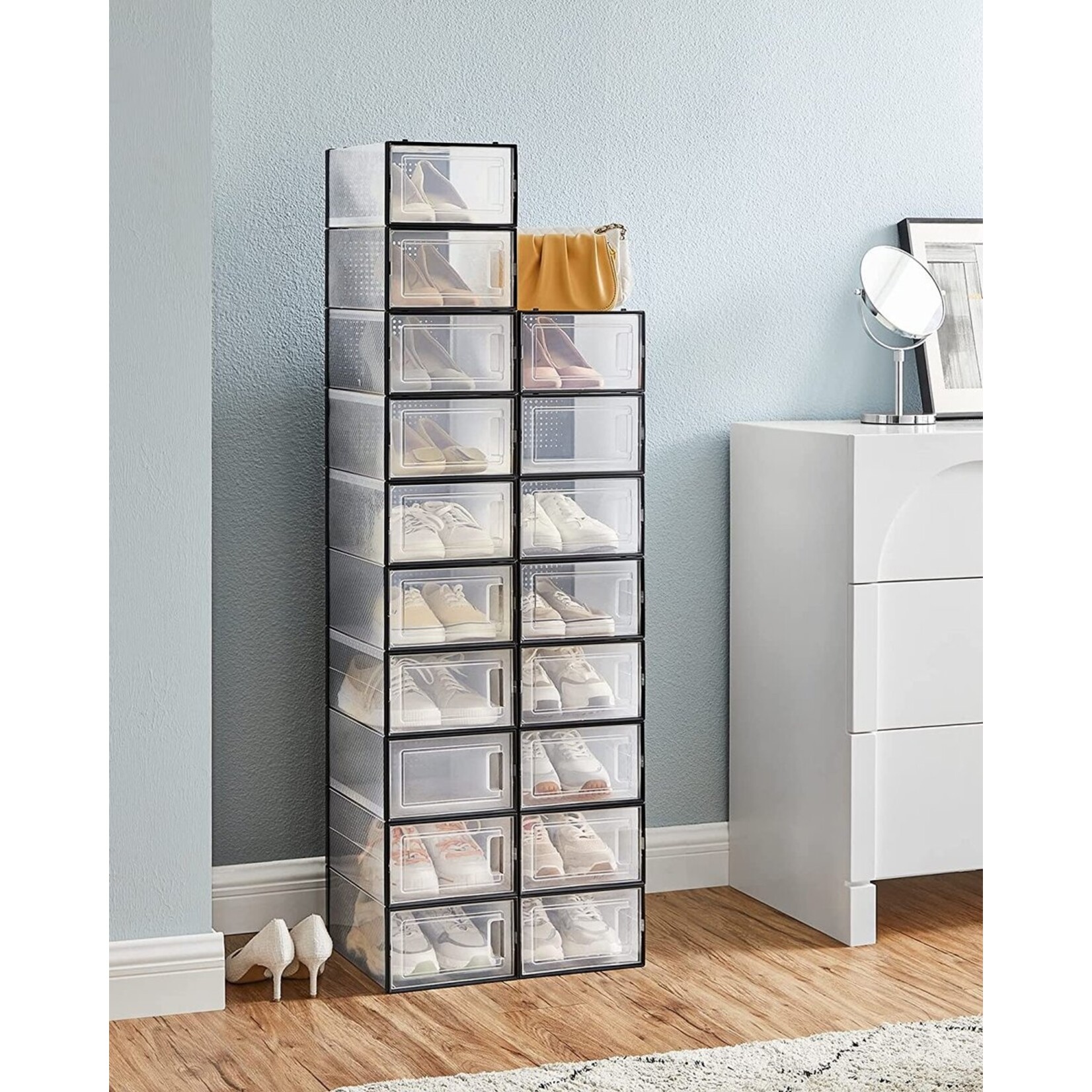 Bobbel Home Set of 18 shoe boxes - Shoe storage boxes - Shoe organiser - Up to size 42 - Transparent black