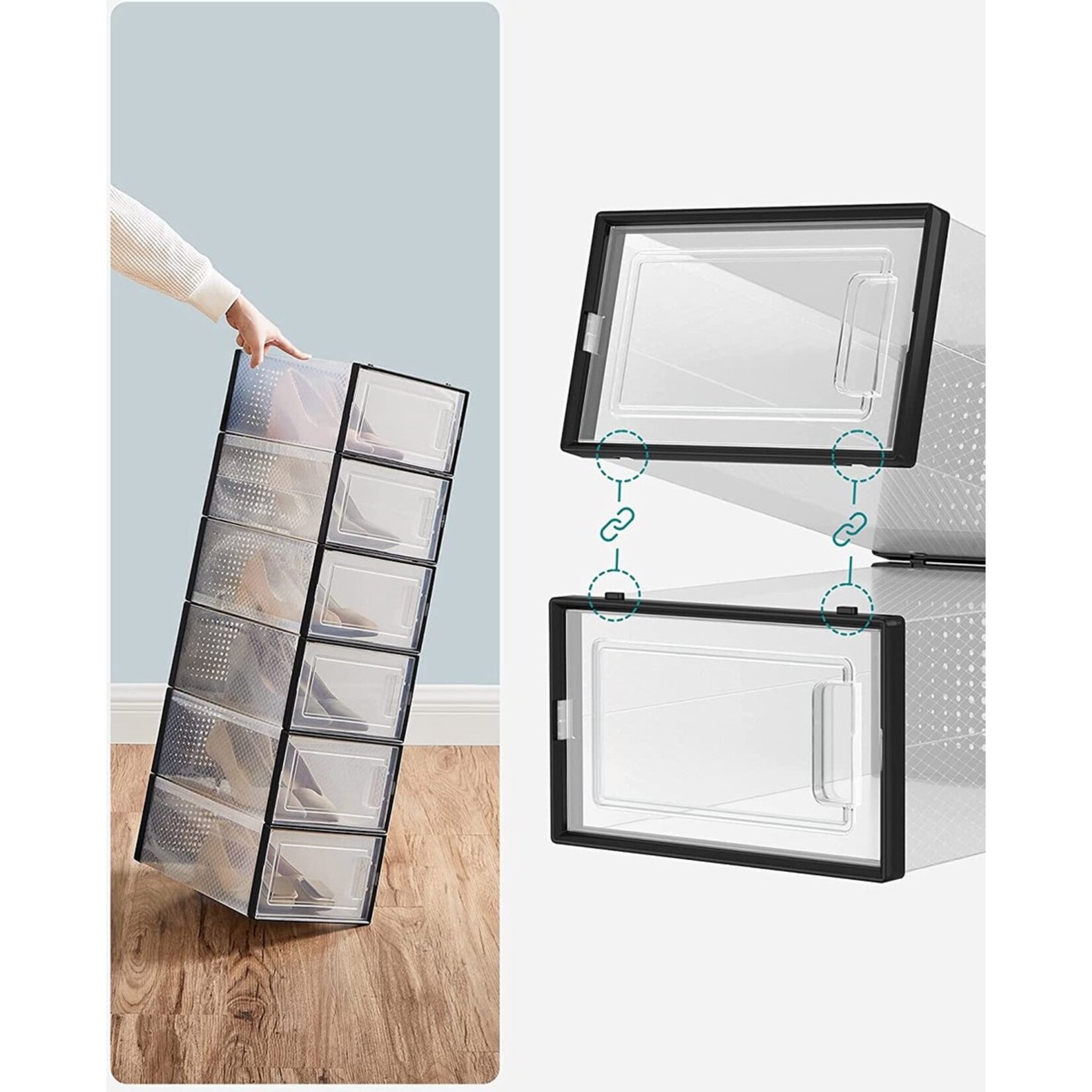 Bobbel Home Set of 18 shoe boxes - Shoe storage boxes - Shoe organiser - Up to size 42 - Transparent black