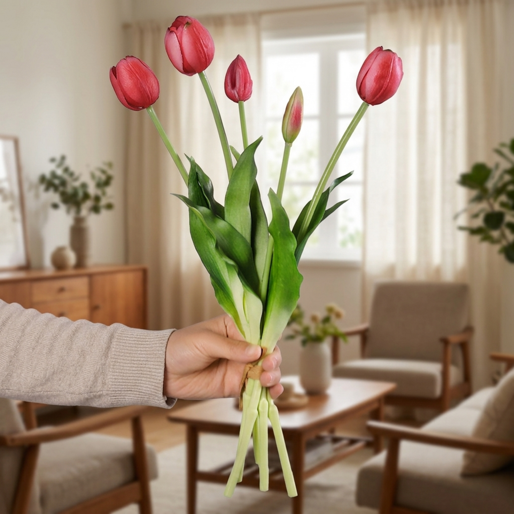 Bobbel Home Bobbel Home - Kunst Tulpen Roze - Realistisch Boeket - Moderne Decoratie Bloemen - Voor Buiten en Binnen