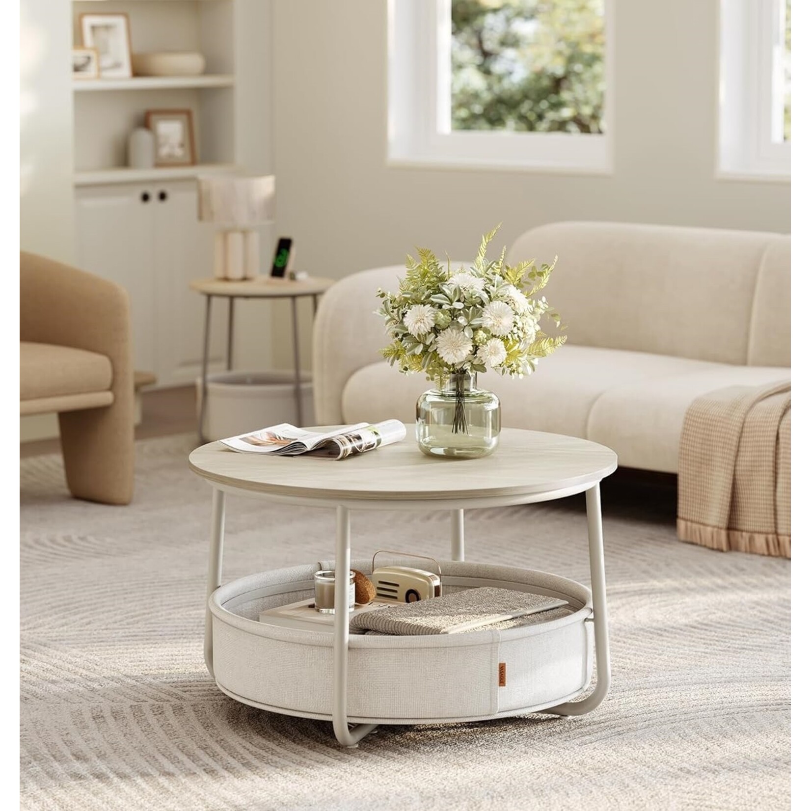 Bobbel Home Coffee Table – Round – With Storage Basket – Beige white  75 cm