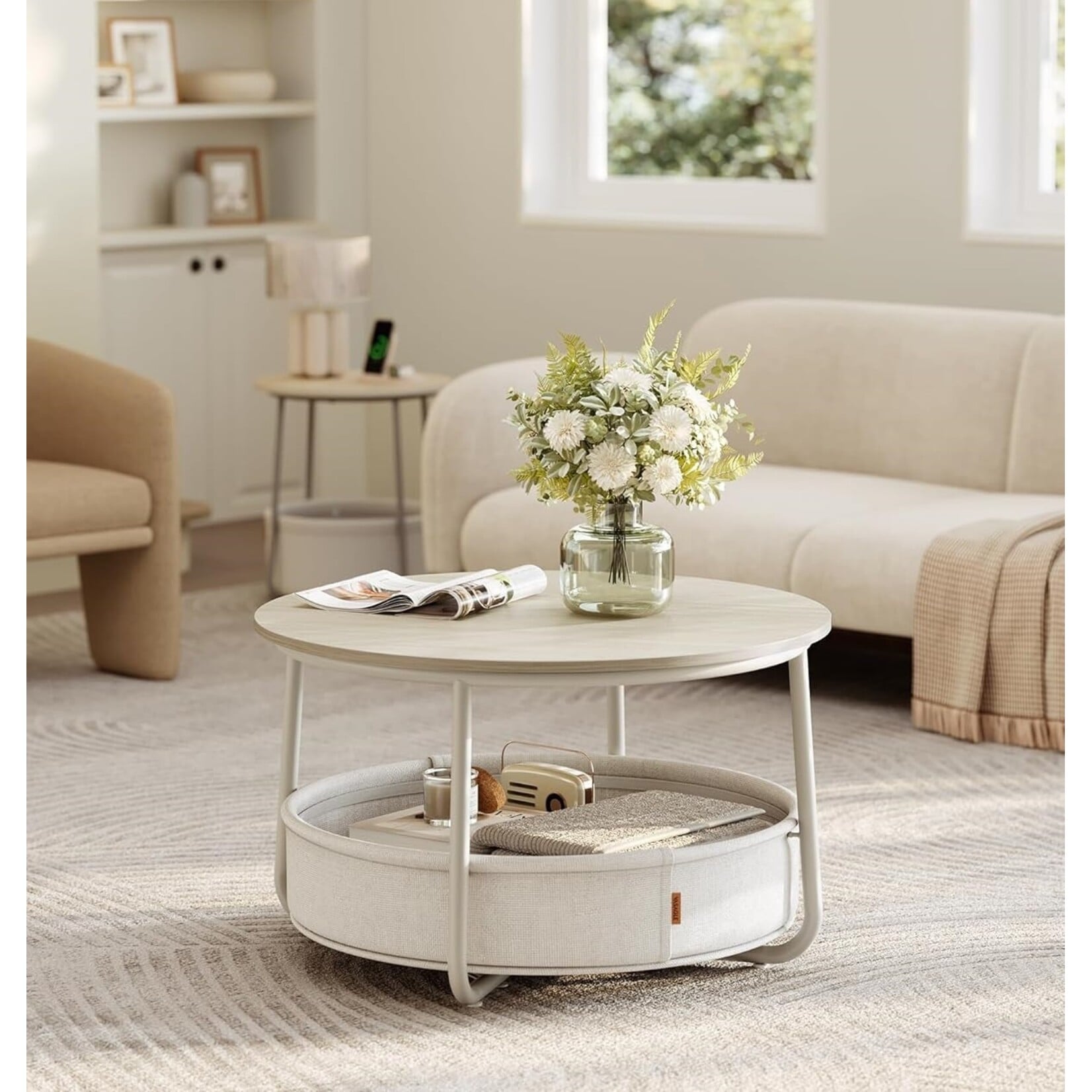 Bobbel Home Salontafel – Rond – Met Opbergmand  – Beige wit 75 cm