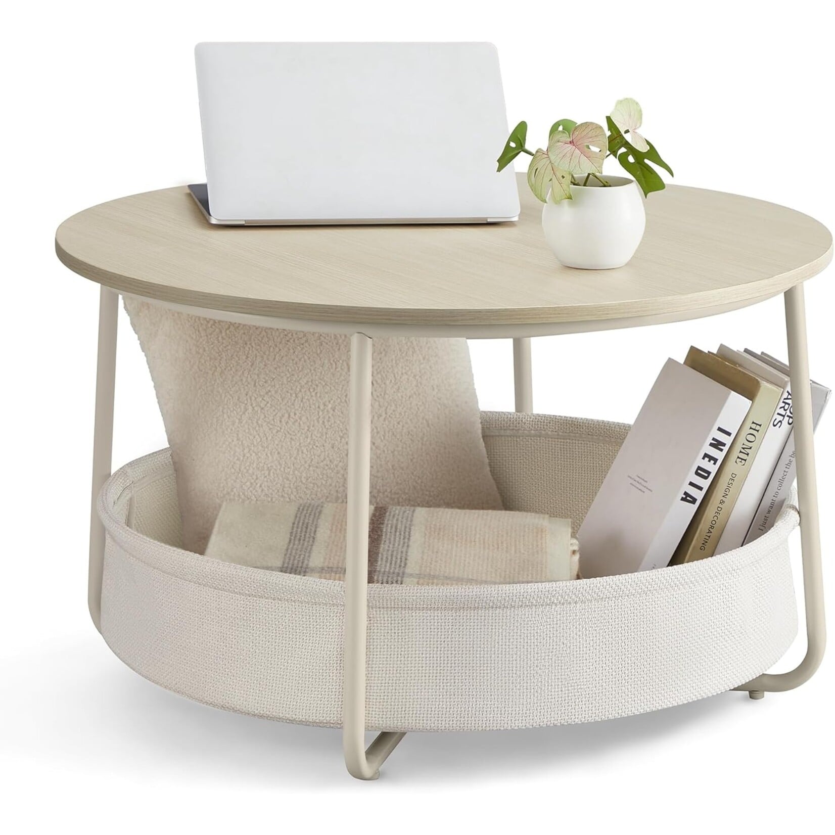 Bobbel Home Salontafel – Rond – Met Opbergmand  – Beige wit 75 cm