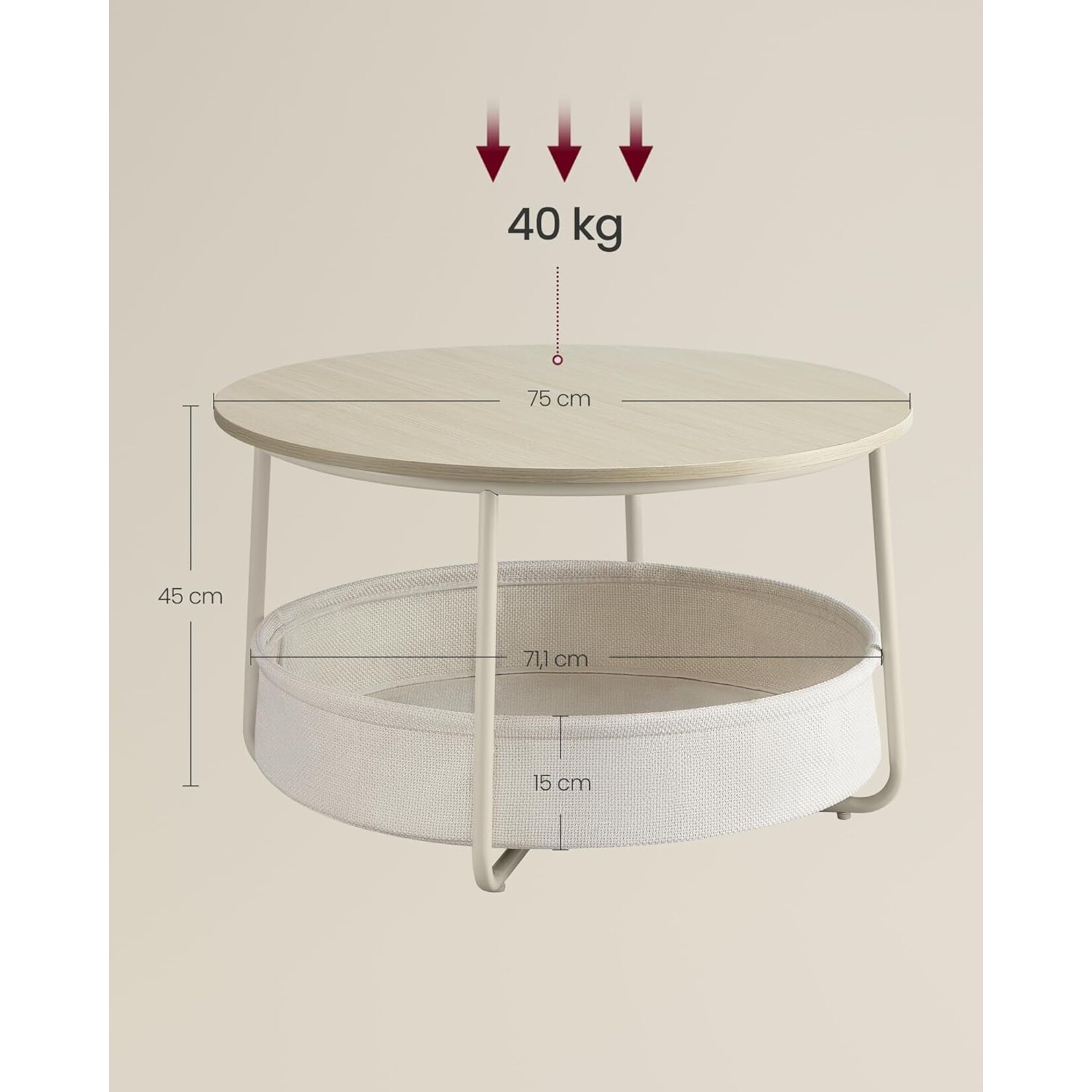 Bobbel Home Coffee Table – Round – With Storage Basket – Beige white  75 cm