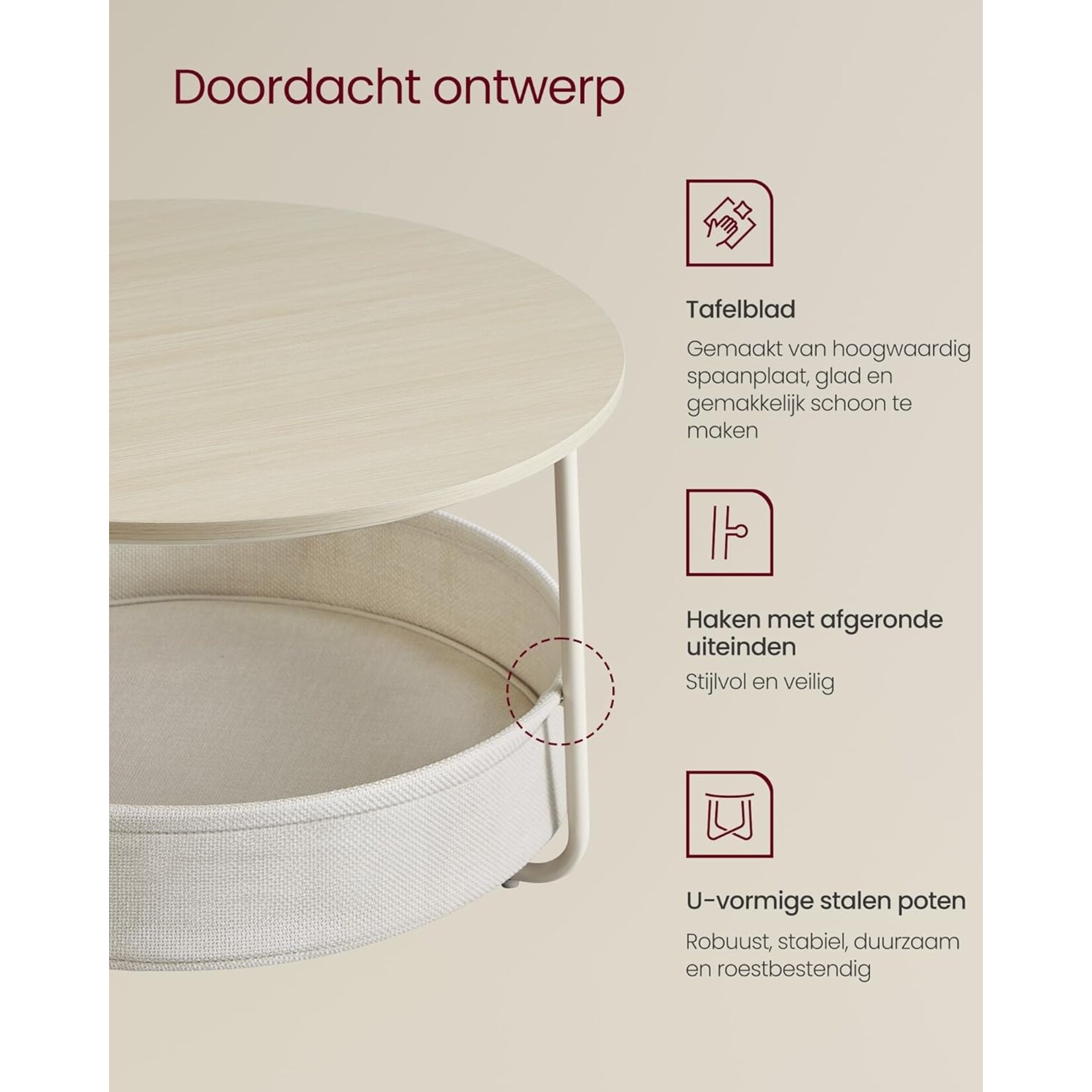 Bobbel Home Coffee Table – Round – With Storage Basket – Beige white  75 cm