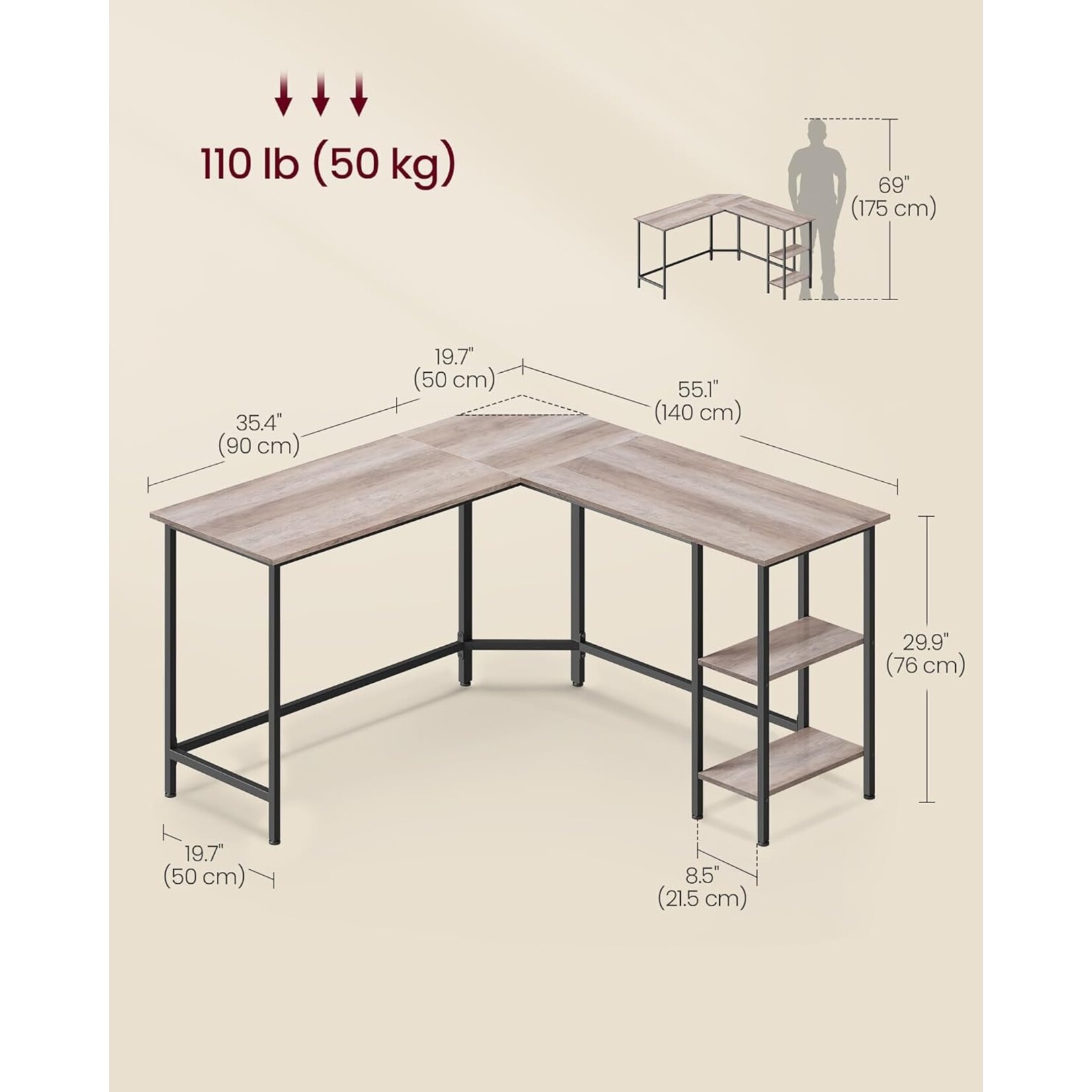Bobbel Home Hoekbureau – L Vorm Bureau – 138x138 cm – Computerbureau – Grijs Zwart