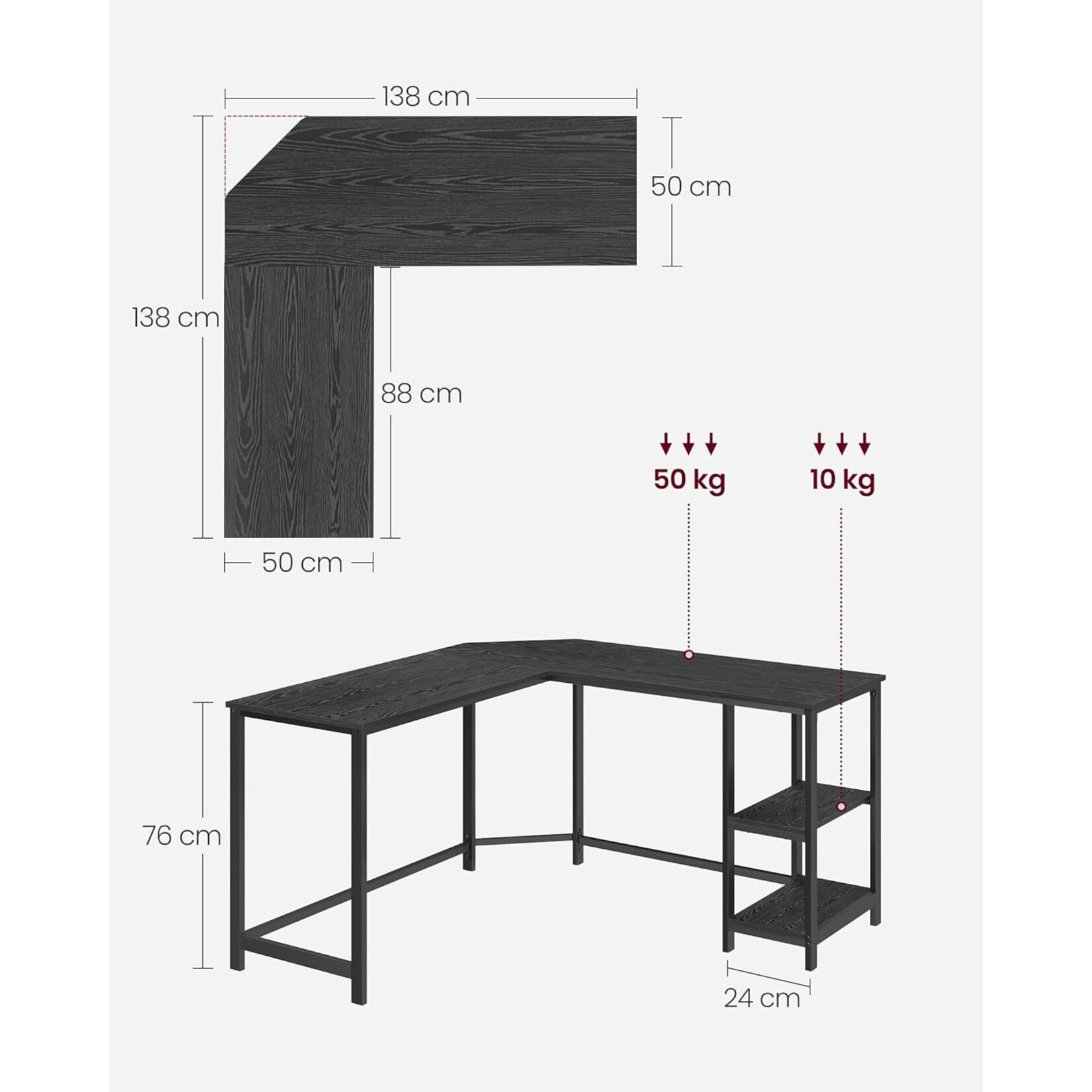 Bobbel Home Corner Desk – L-shaped Desk – 138x138 cm – Computer Desk – Black