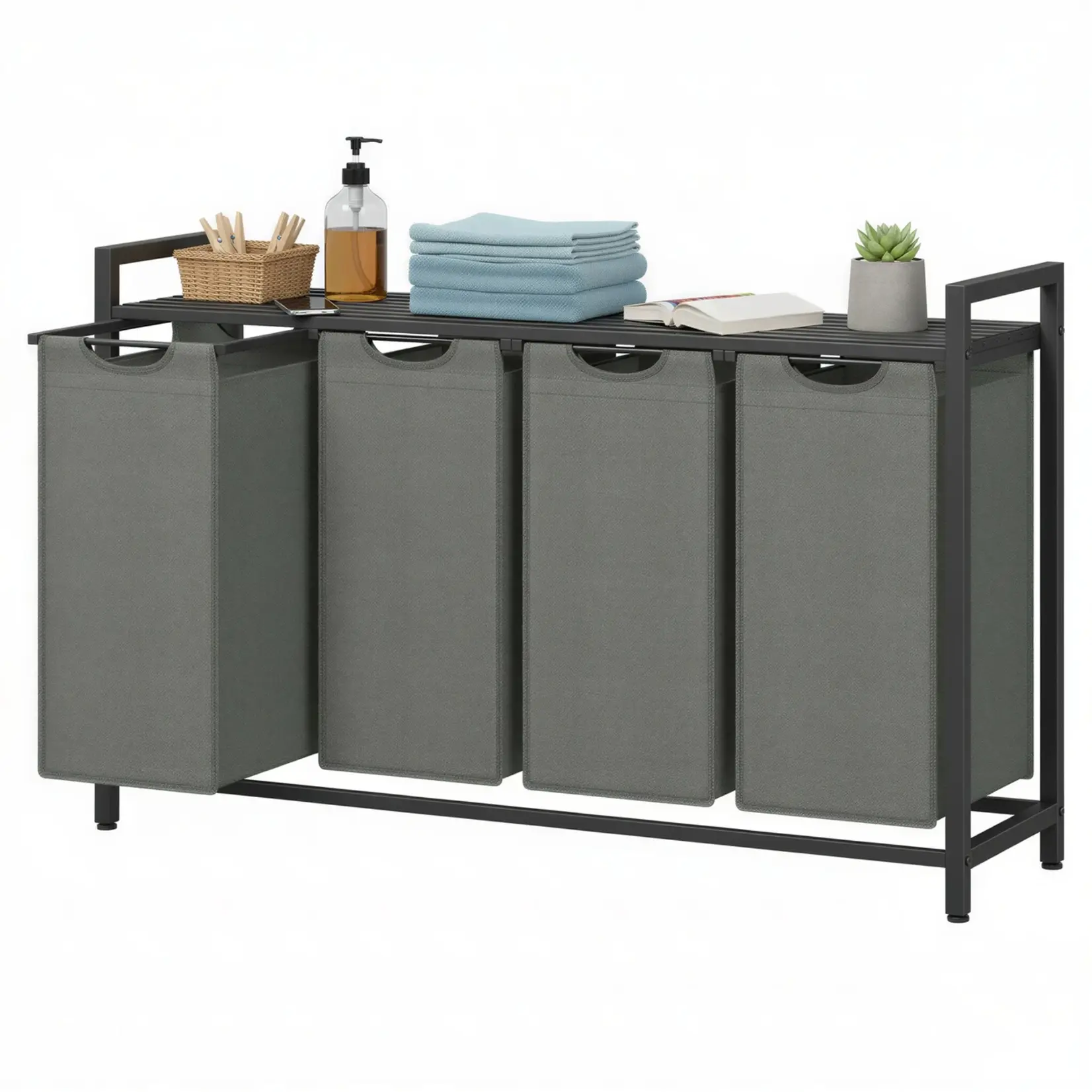Bobbel Home Wasmand 4 Vakken – Wassorteerder – Met Plank – 160L – Zwart