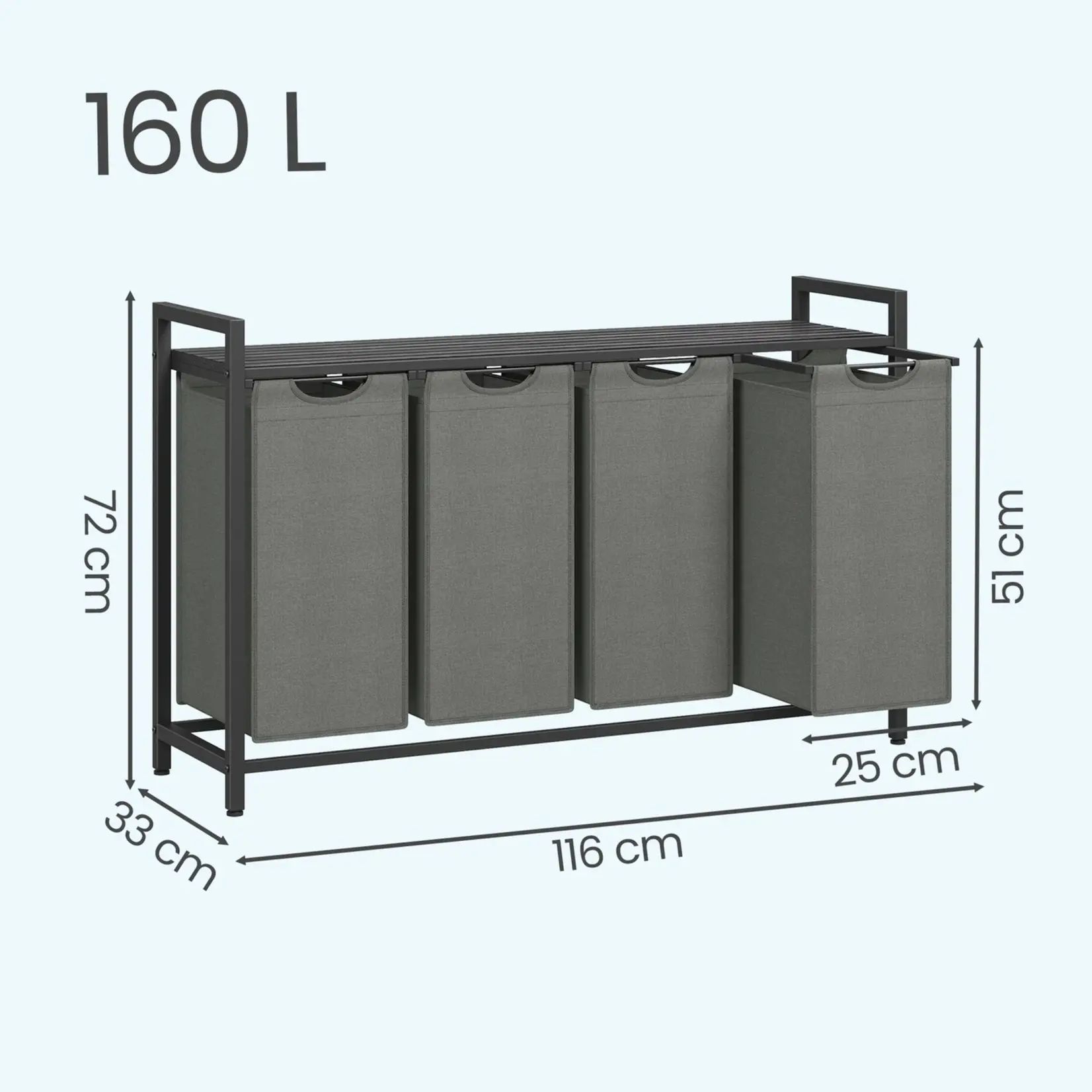 Bobbel Home Wasmand 4 Vakken – Wassorteerder – Met Plank – 160L – Zwart