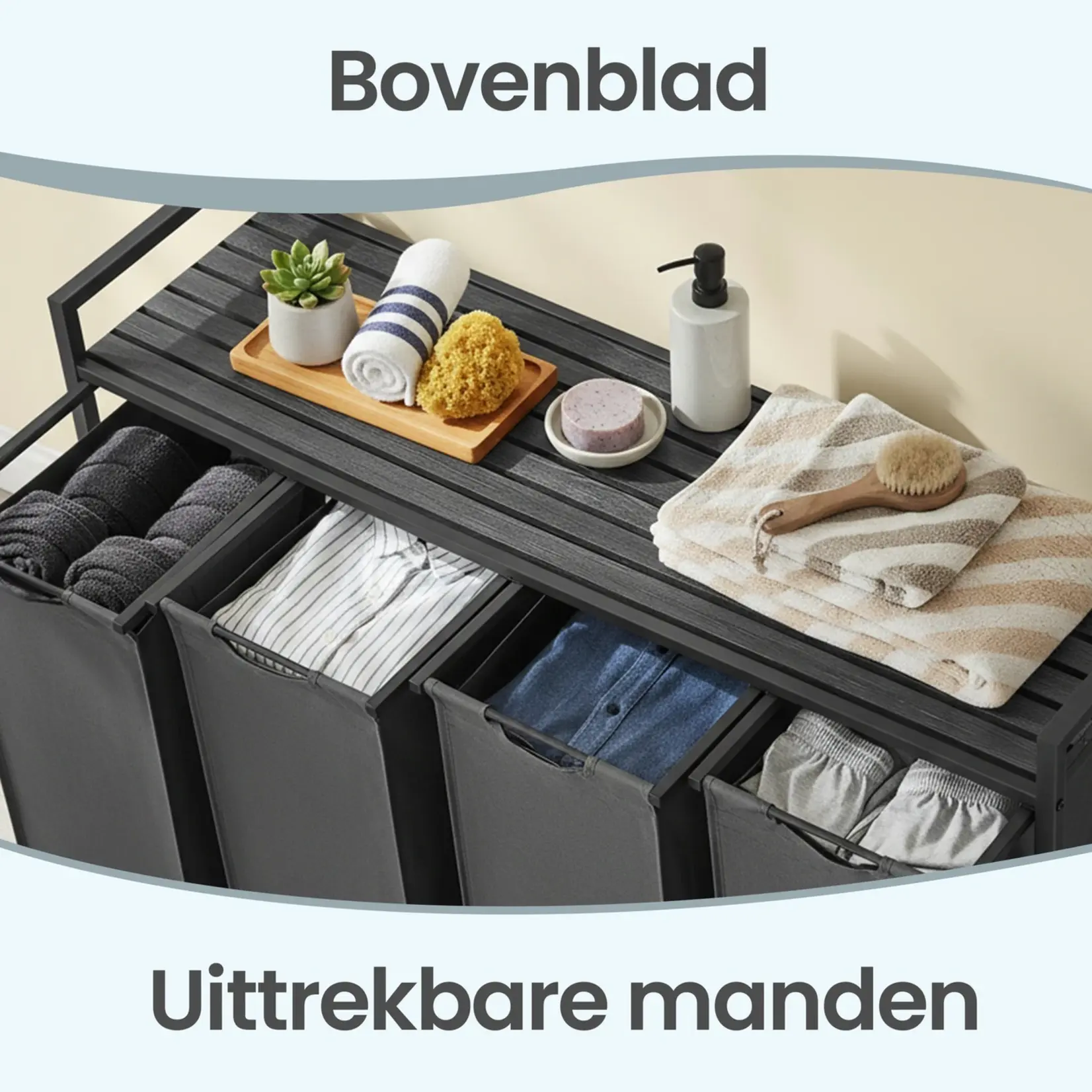 Bobbel Home Wasmand 4 Vakken – Wassorteerder – Met Plank – 160L – Zwart