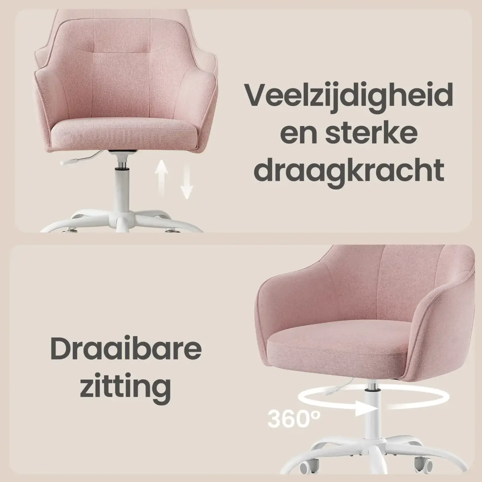 Bobbel Home Bureaustoel – Draaistoel – Verstelbaar – Roze – Met Armleuningen