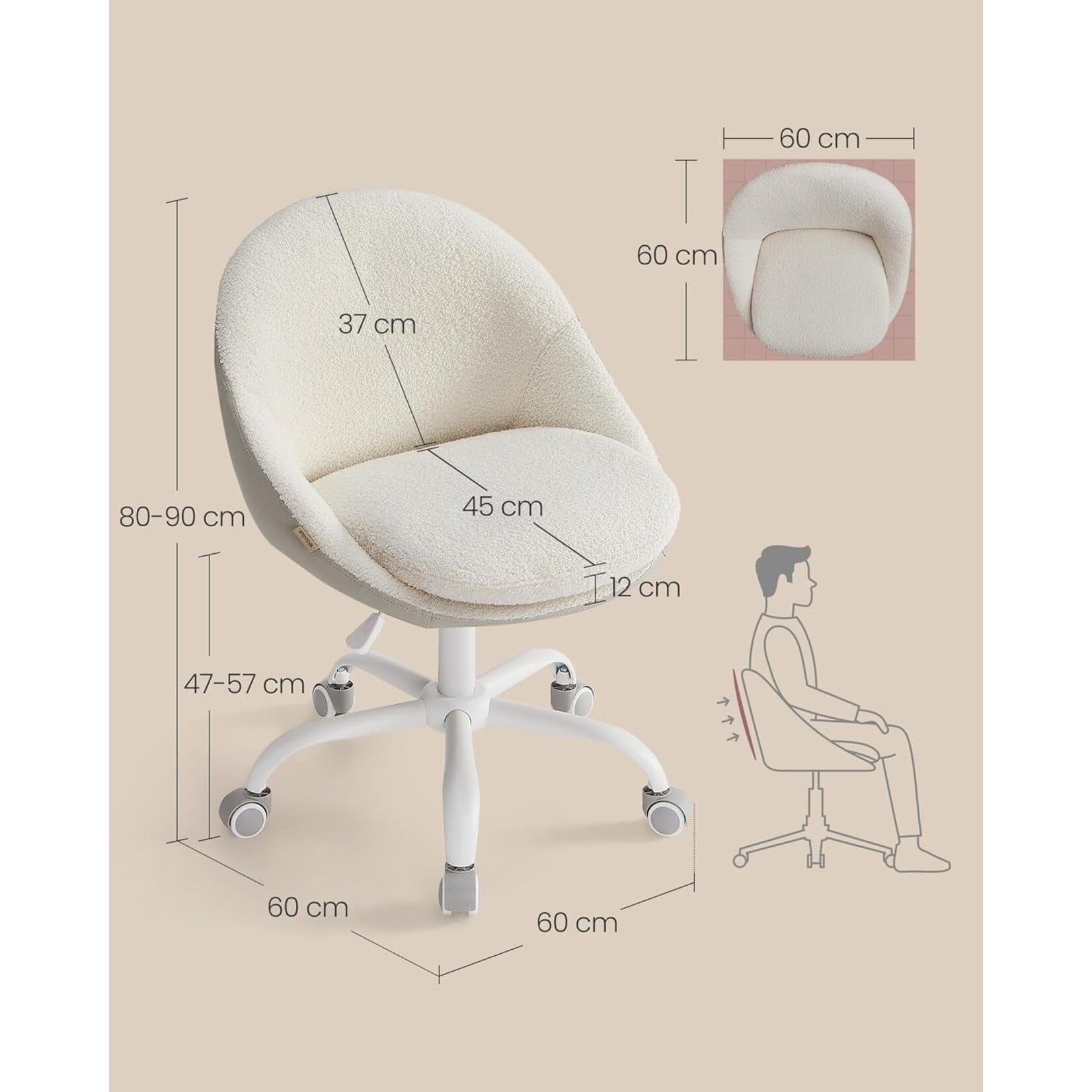 Bobbel Home Bobbel Home Verstelbare Bureaustoel Kaptafelstoel Sherpa Comfort Beige-Wit