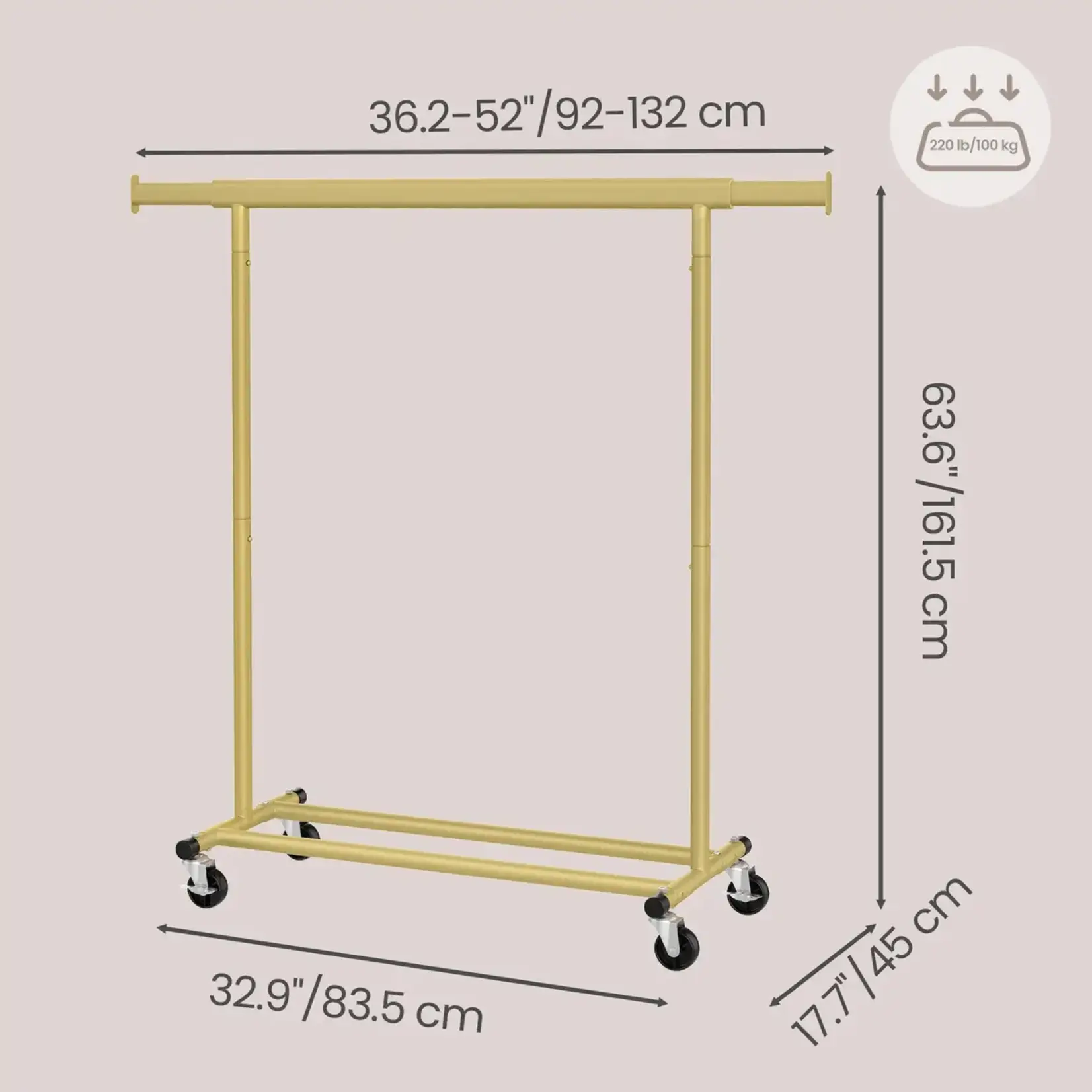 Bobbel Home Bobbel Home Clothes Rack – Extendable – On Wheels – Metal – 132 cm – Gold