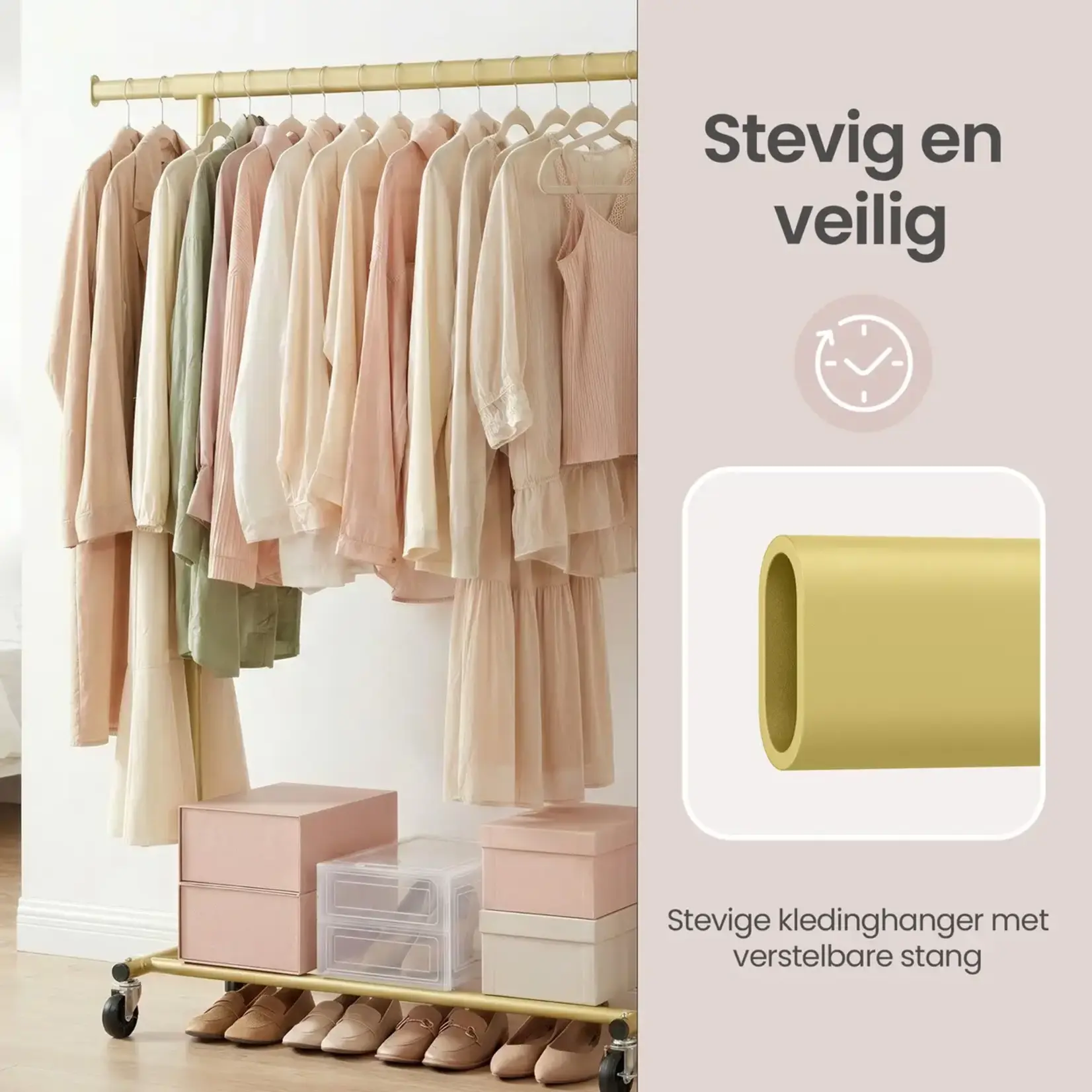 Bobbel Home Bobbel Home Kledingrek – Uitschuifbaar – Op Wielen – Metaal – 132 cm – Goud