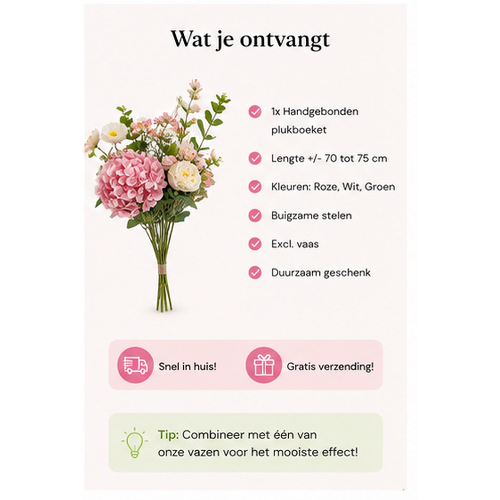 Bobbel Home Bobbel Home Kunstbloemen Boeket – Zijden Bloemen – Roze Wit – 75 cm