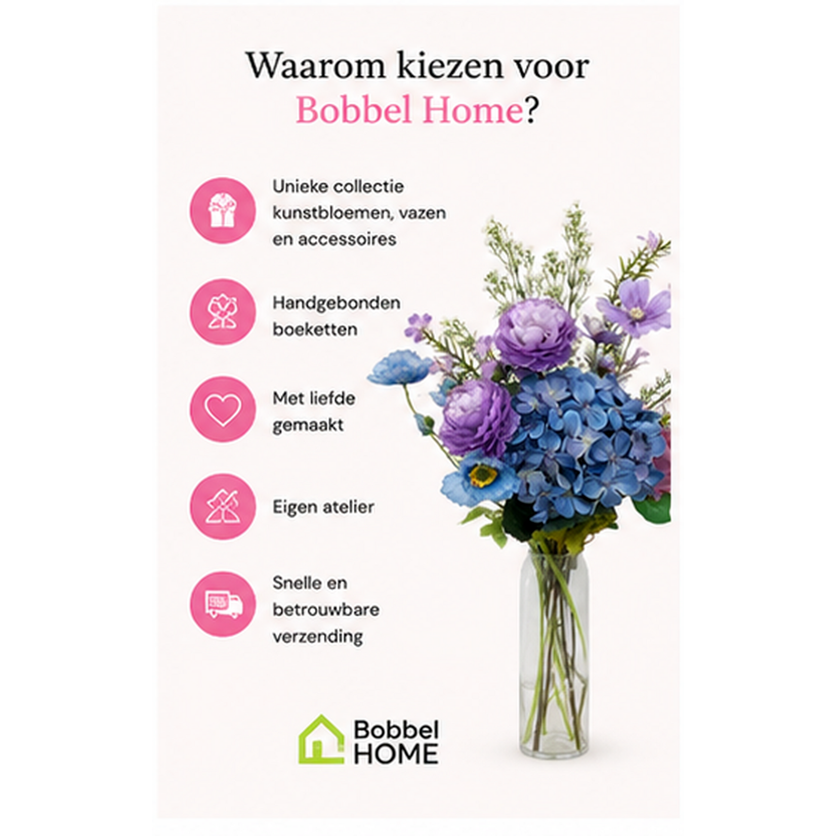 Bobbel Home Bobbel Home Kunstbloemen Boeket – Zijden Bloemen – Paars Blauw – 75 cm
