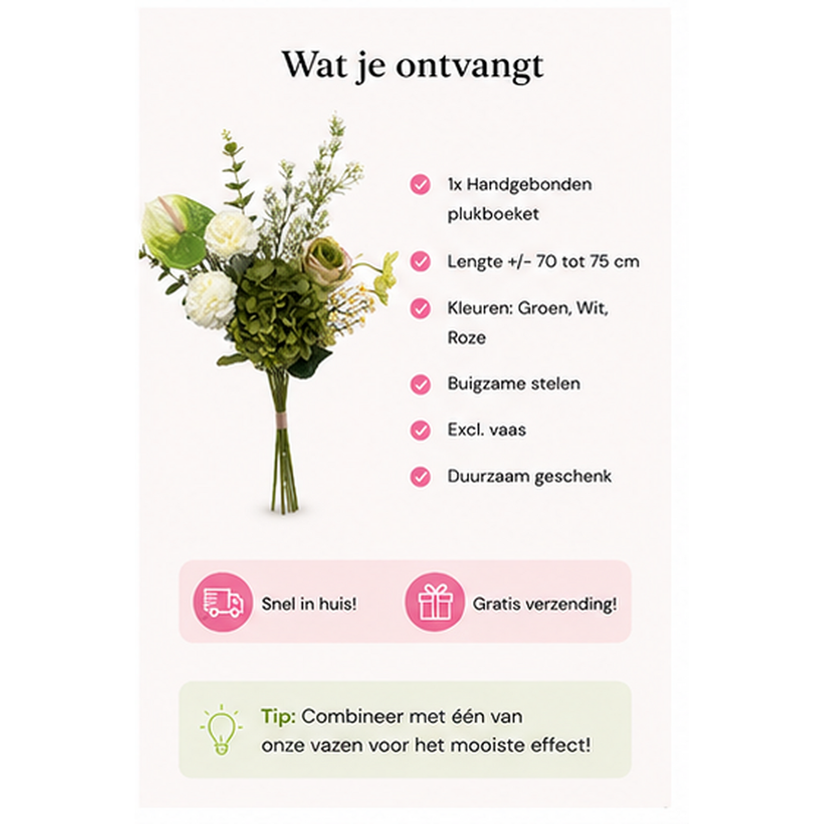 Bobbel Home Bobbel Home Kunstbloemen Boeket – Zijden Bloemen – Groen Wit – 75 cm – Luxe Plukboeket