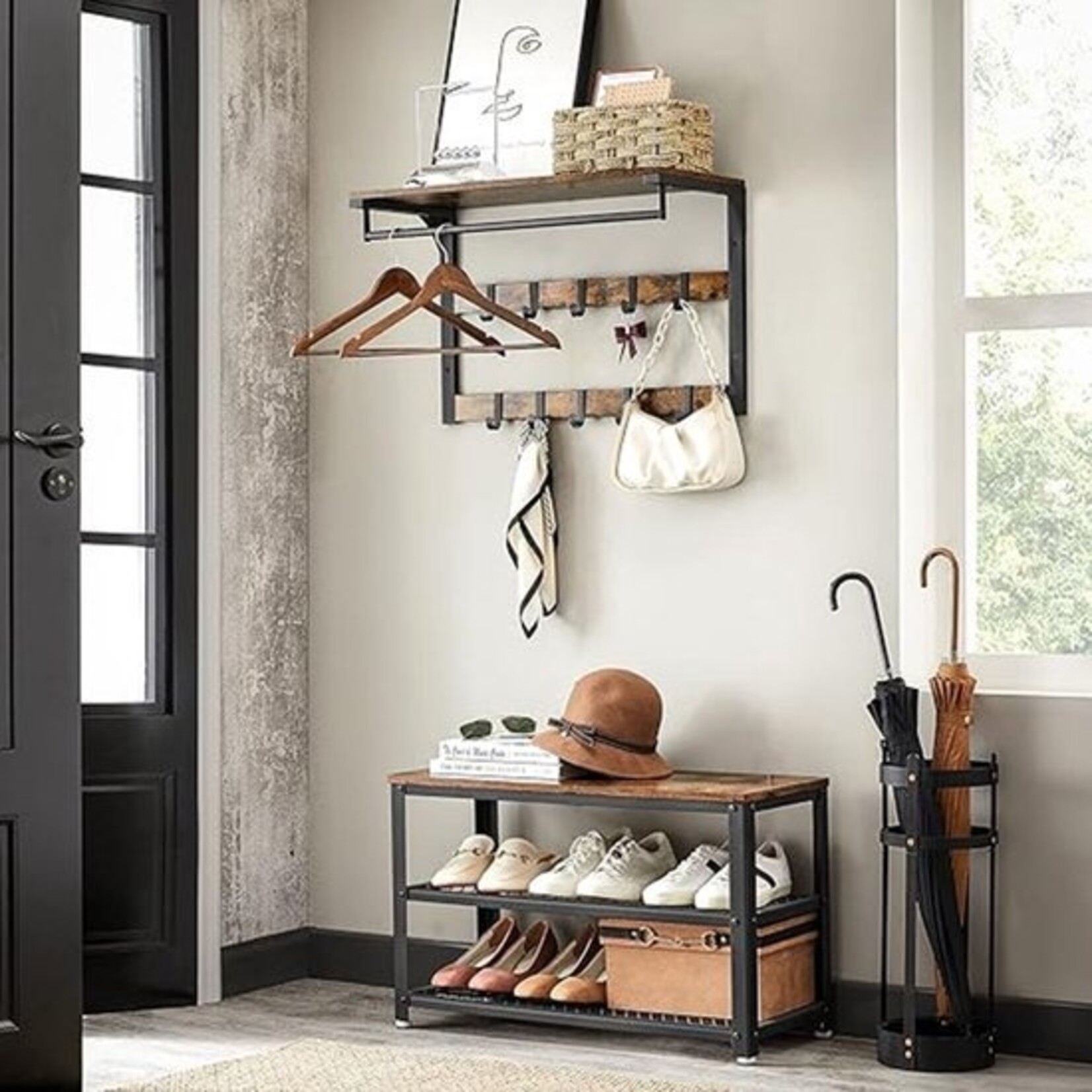 Bobbel Home Bobbel Home Wandkapstok - Gaderobe set - Bankje met wandstok - Met haken - 2 planken - Bruin zwart