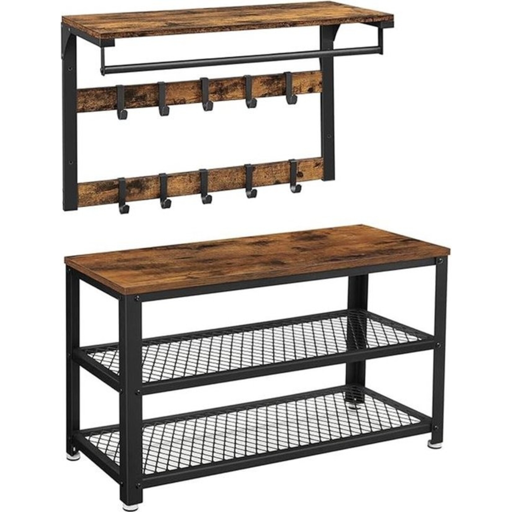Bobbel Home Bobbel Home Wandkapstok - Gaderobe set - Bankje met wandstok - Met haken - 2 planken - Bruin zwart