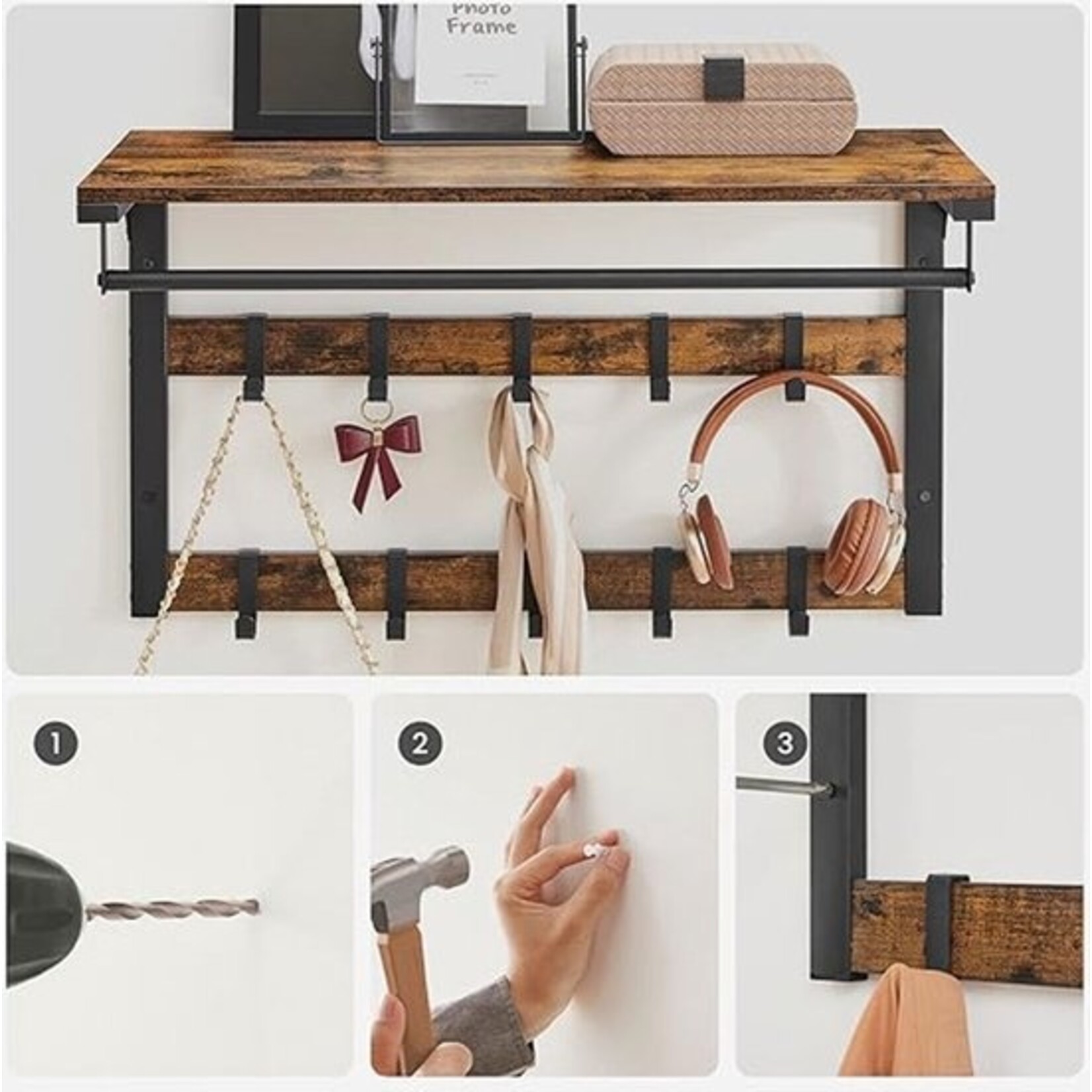 Bobbel Home Bobbel Home Wall-mounted Coat Rack – Wardrobe set – Bench with coat rack – With hooks – 2 shelves – Brown and black