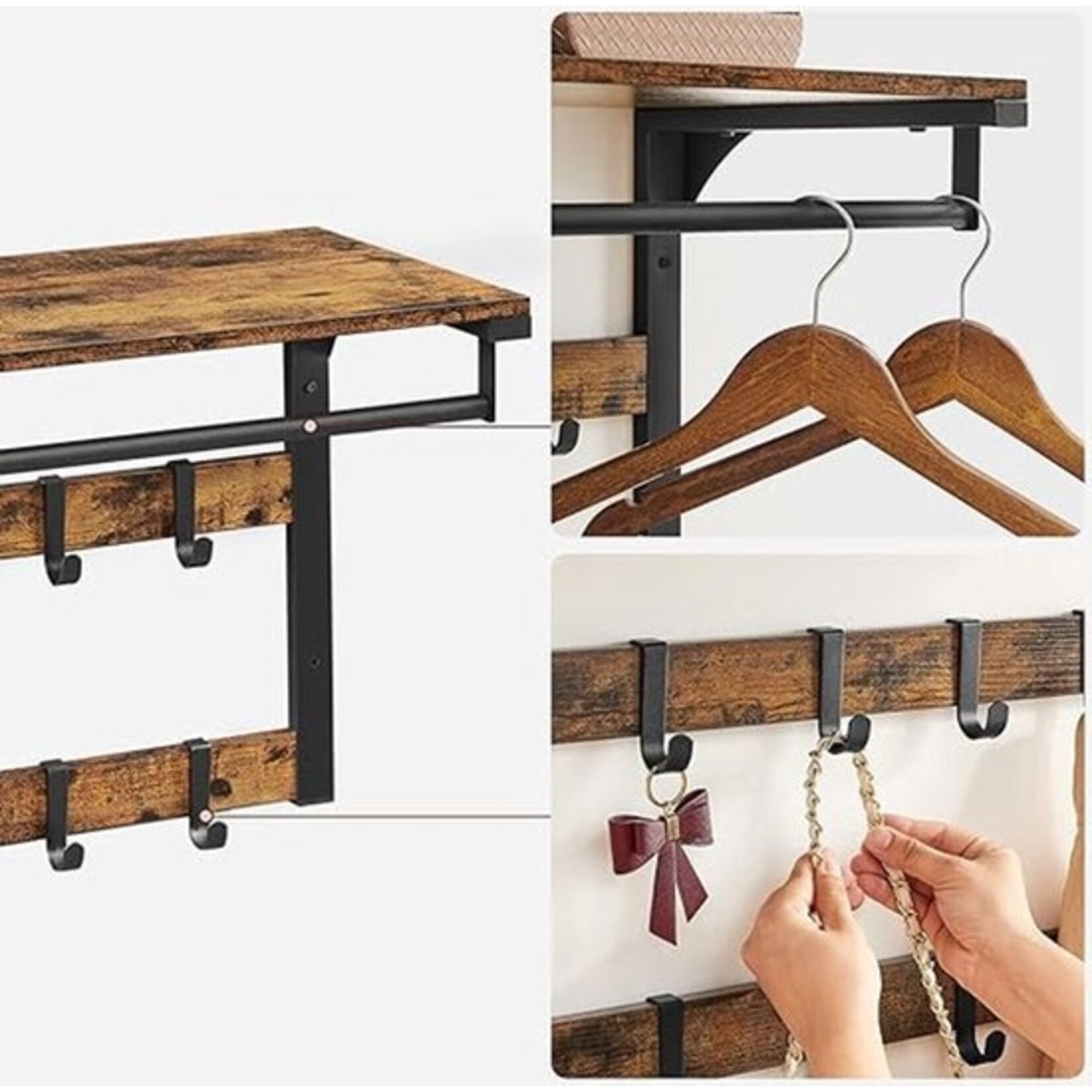 Bobbel Home Bobbel Home Wall-mounted Coat Rack – Wardrobe set – Bench with coat rack – With hooks – 2 shelves – Brown and black