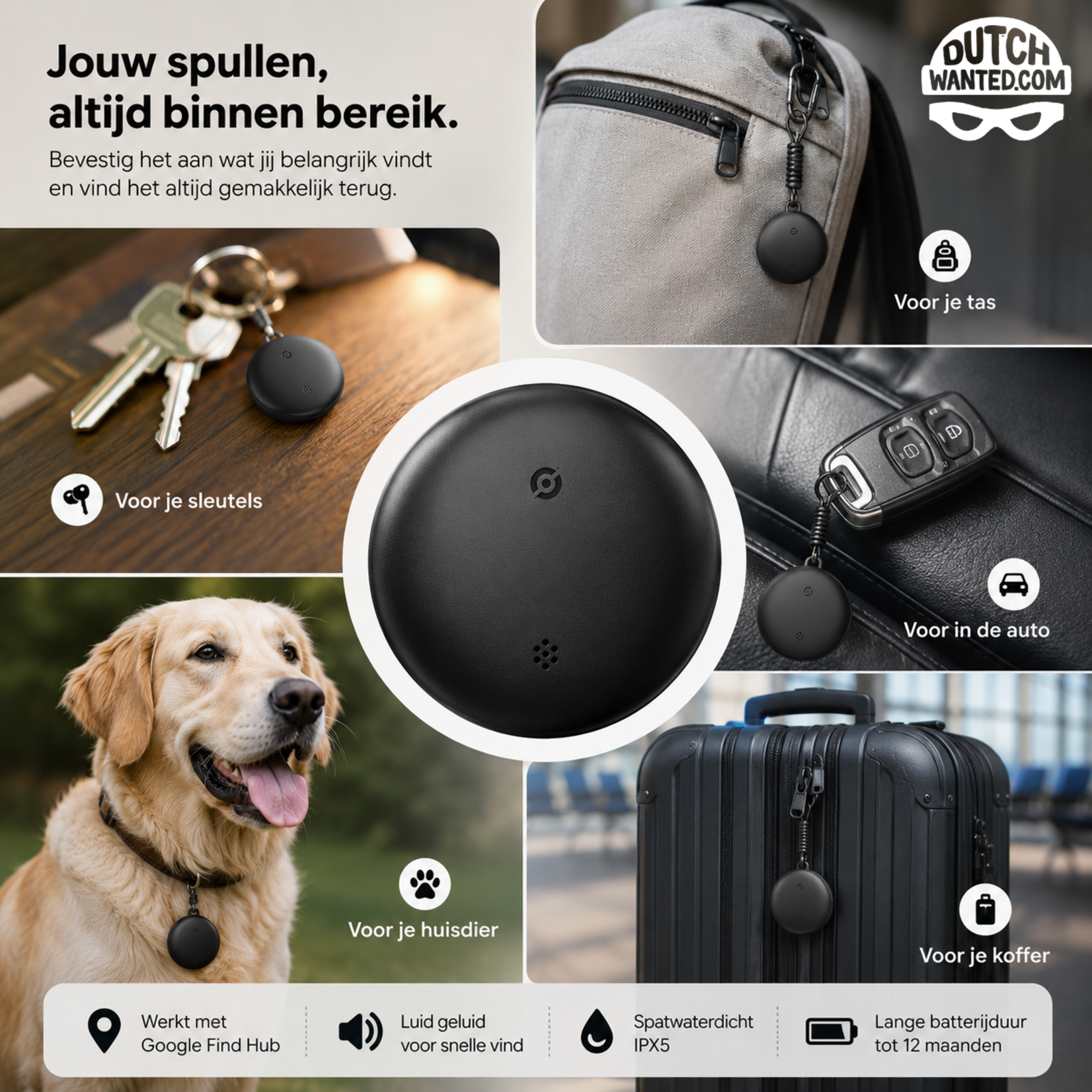 Dutch Wanted Dutch Wanted GPS Tracker - Bluetooth Tracker voor Android - Keyfinder met Google Find Hub App