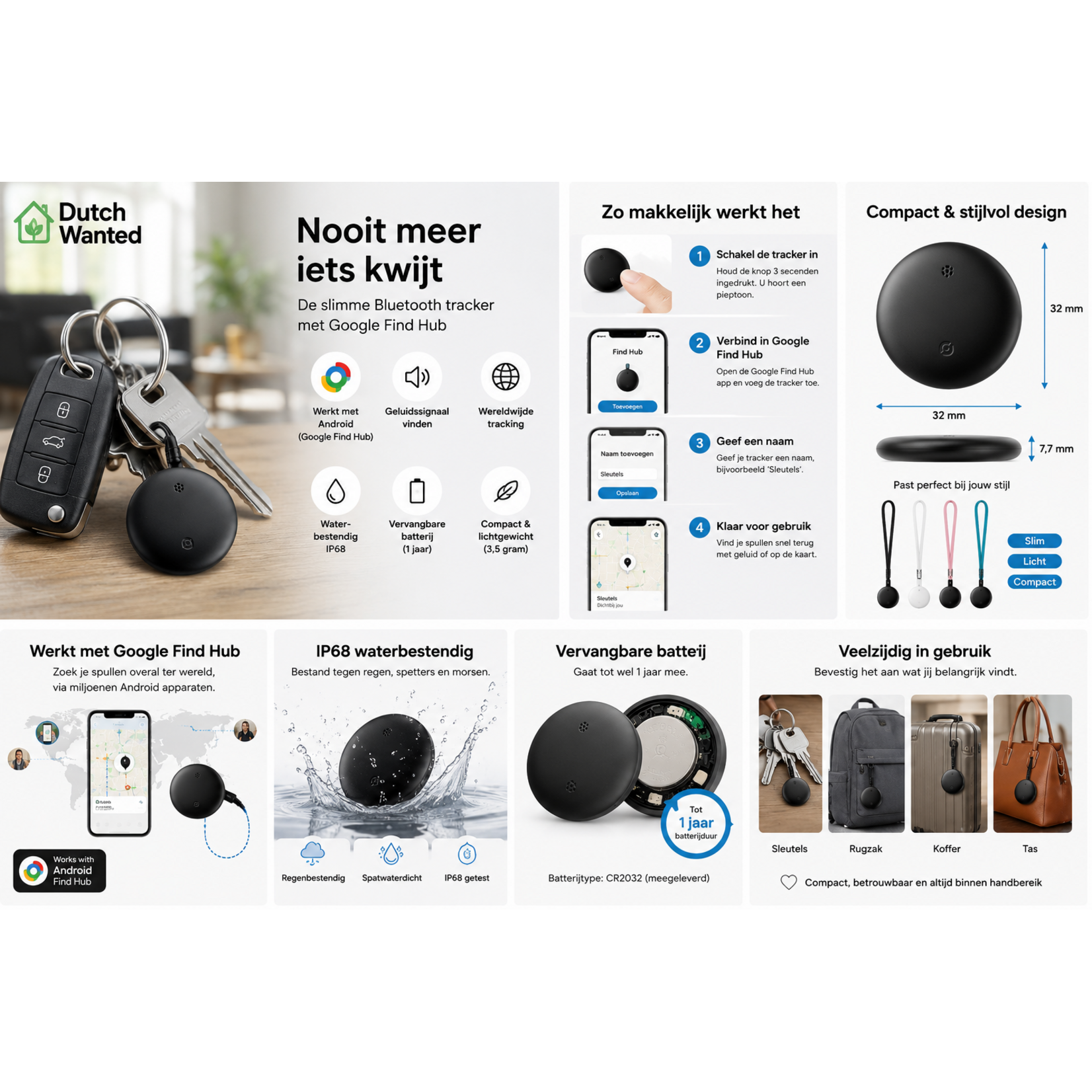 Dutch Wanted Dutch Wanted GPS Tracker - Bluetooth Tracker voor Android - Keyfinder met Google Find Hub App