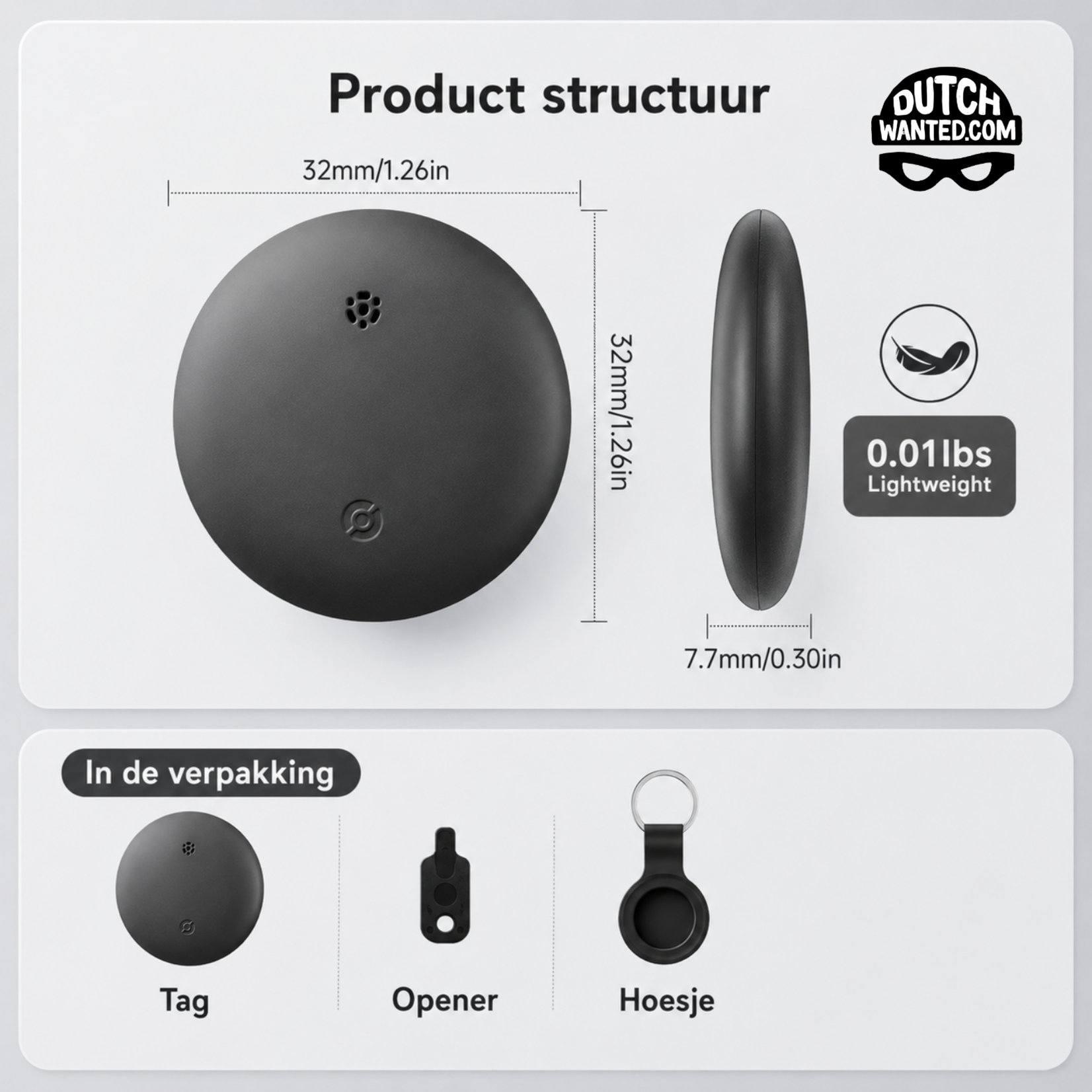 Dutch Wanted Dutch Wanted GPS Tracker - Bluetooth Tracker for iPhone - Key Finder with Apple Find My