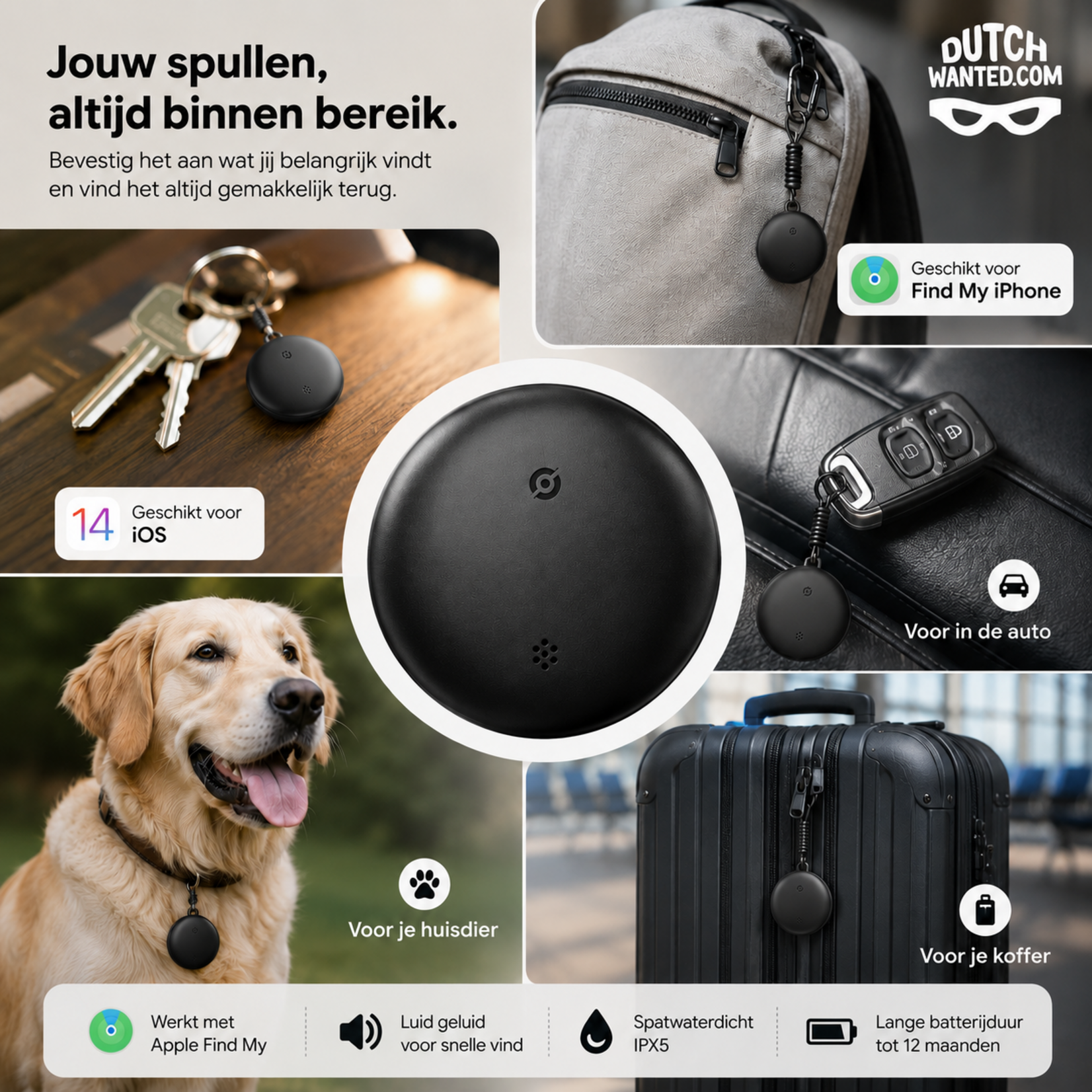 Dutch Wanted Dutch Wanted GPS Tracker - Bluetooth Tracker for iPhone - Key Finder with Apple Find My