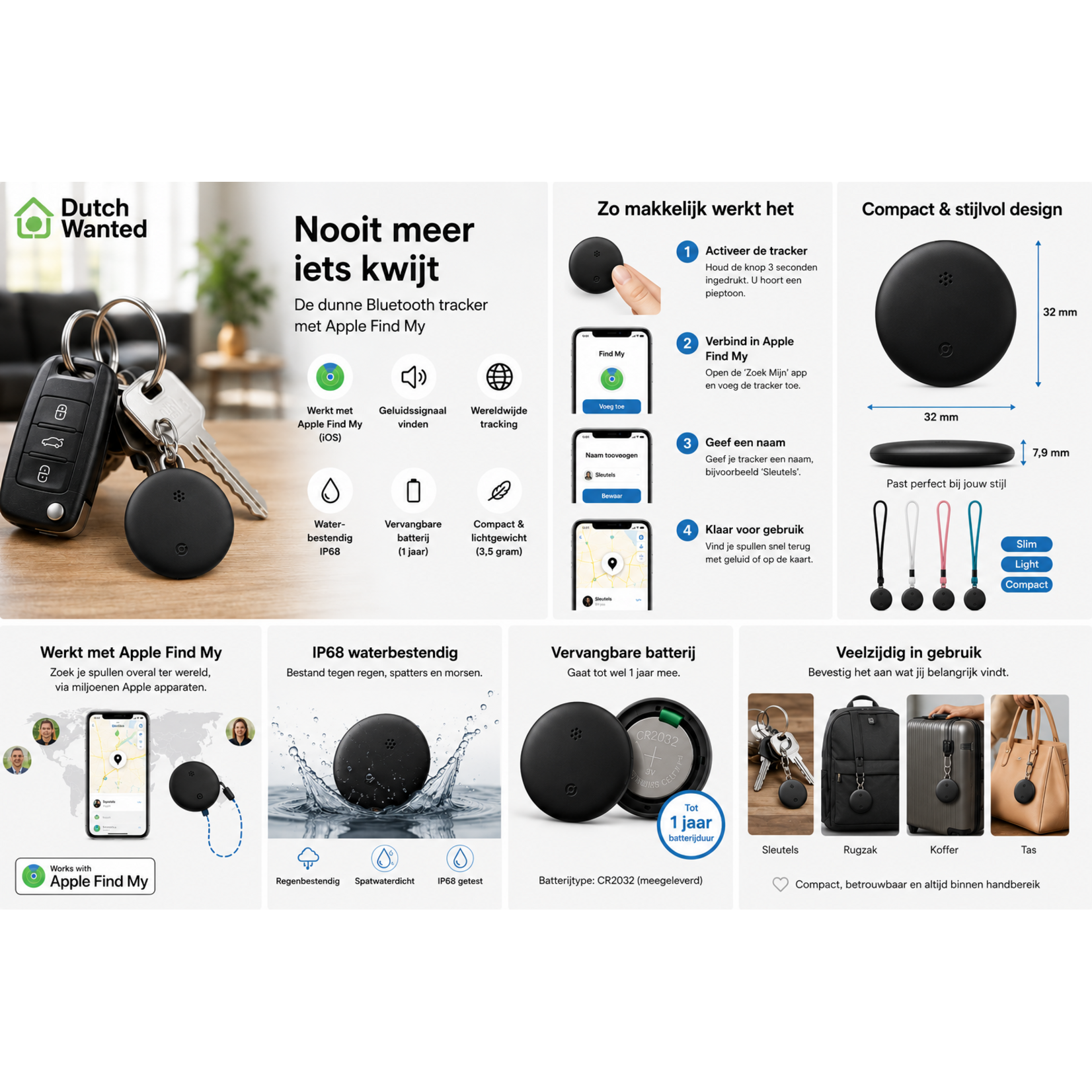 Dutch Wanted Dutch Wanted GPS Tracker - Bluetooth Tracker for iPhone - Key Finder with Apple Find My