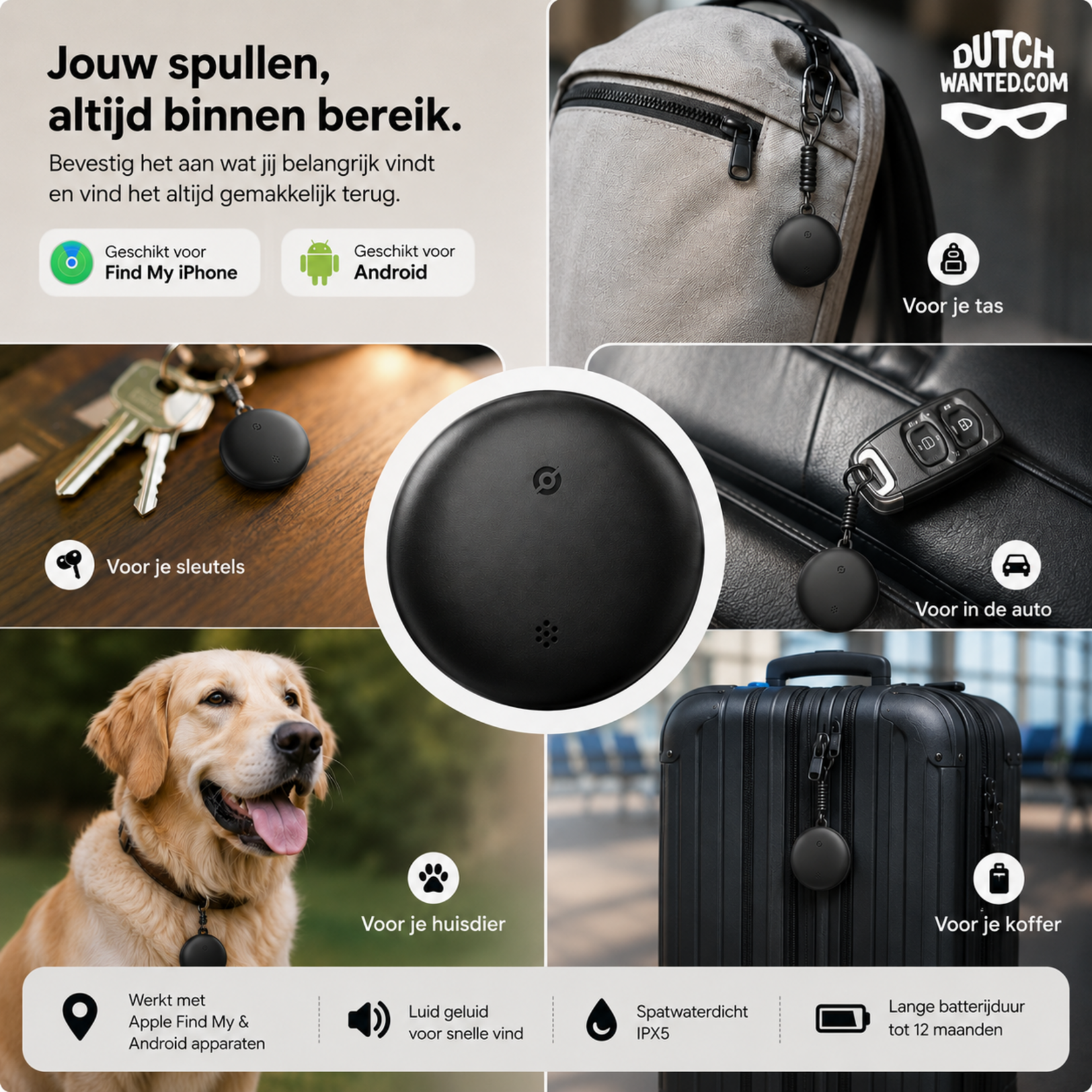 Dutch Wanted Dutch Wanted GPS Tracker - Bluetooth Tracker voor Android en iPhone - Keyfinder met Google Find Hub en Apple Find My