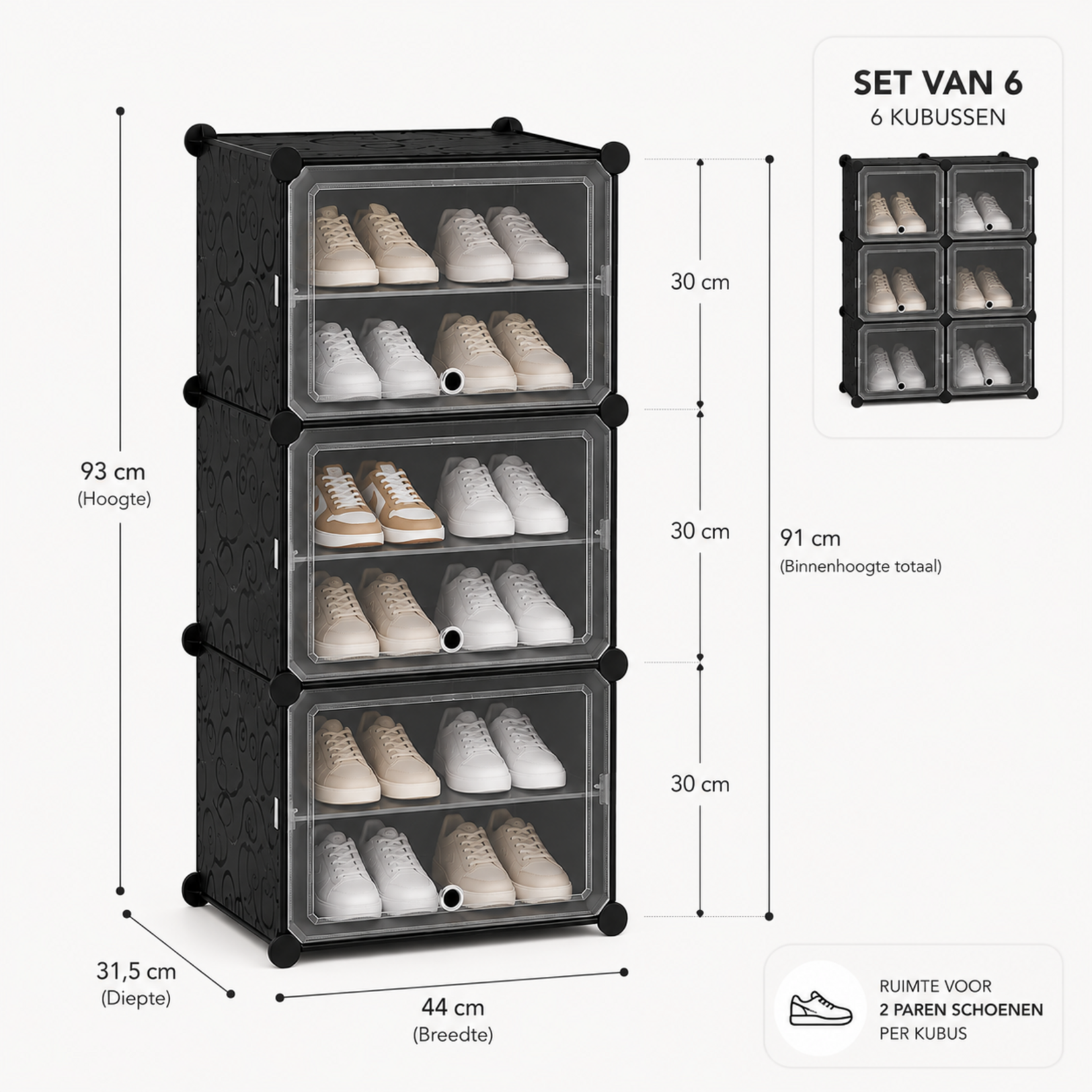 Bobbel Home Shoe Box Set of 6 - Shoe Storage Boxes - Shoe Organizer - Up to Size 45 - Transparent Black